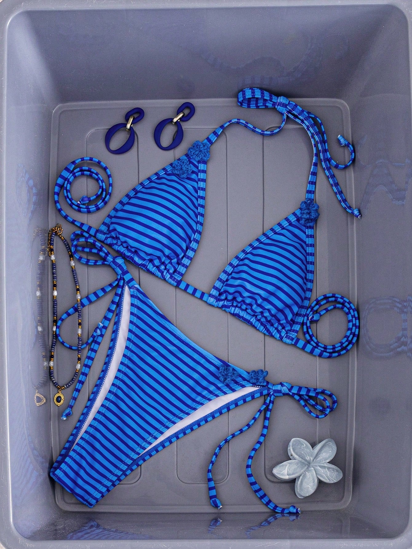 Women's Sexy Halter Tie Back Striped Bikini Set With Tie-Side Bottom,
