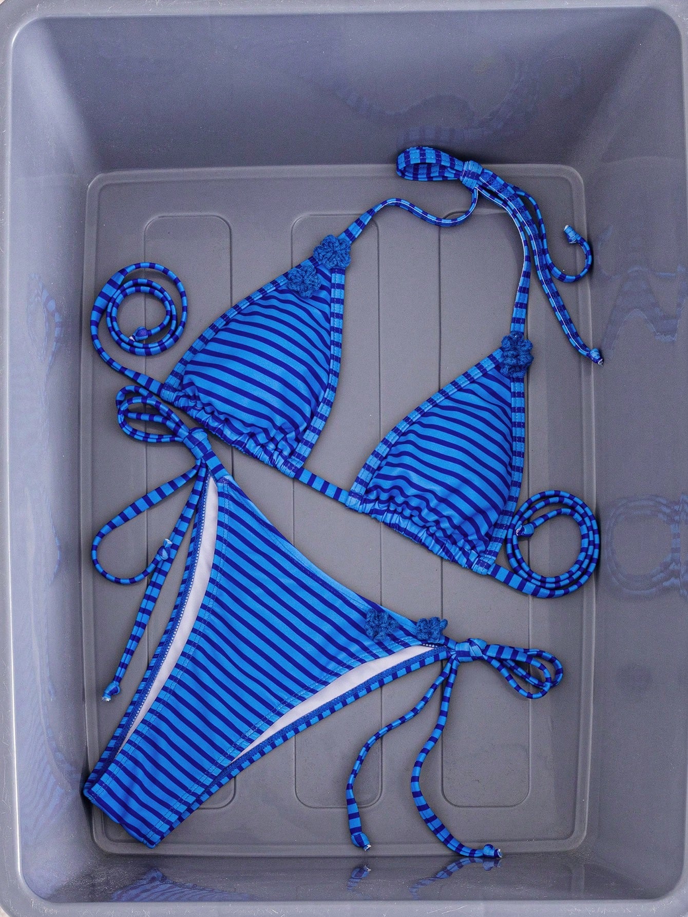 Women's Sexy Halter Tie Back Striped Bikini Set With Tie-Side Bottom,