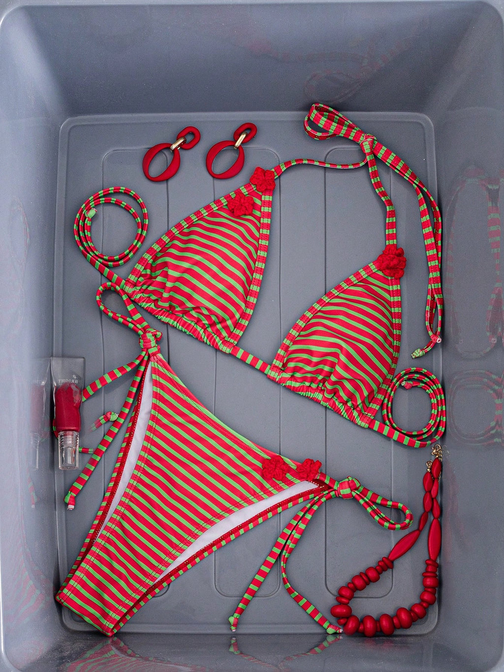 Women's Sexy Halter Tie Back Striped Bikini Set With Tie-Side Bottom,