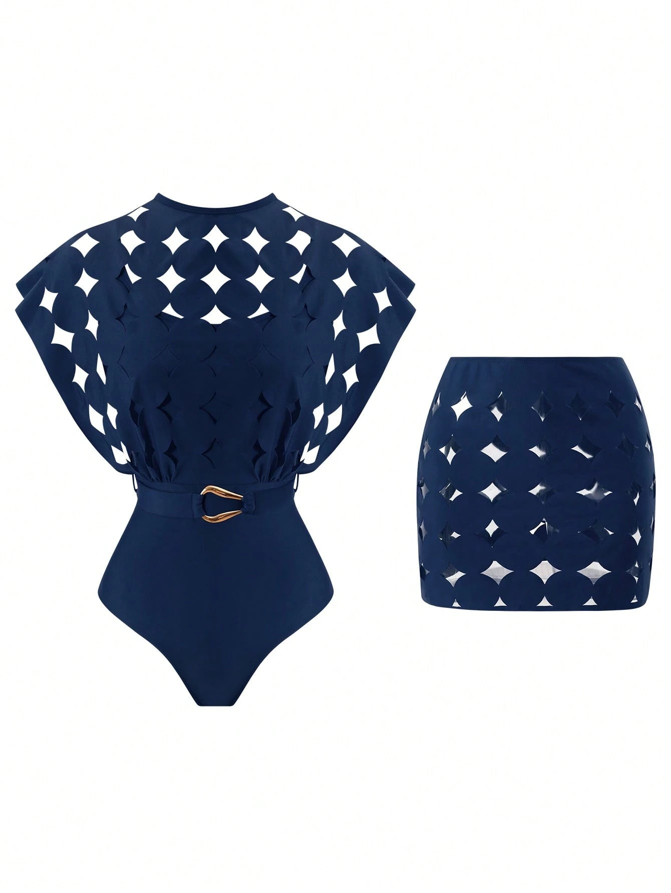 Swim Oasis Hollow-Out Solid Color Round Neck Women's Waist Belt Suit