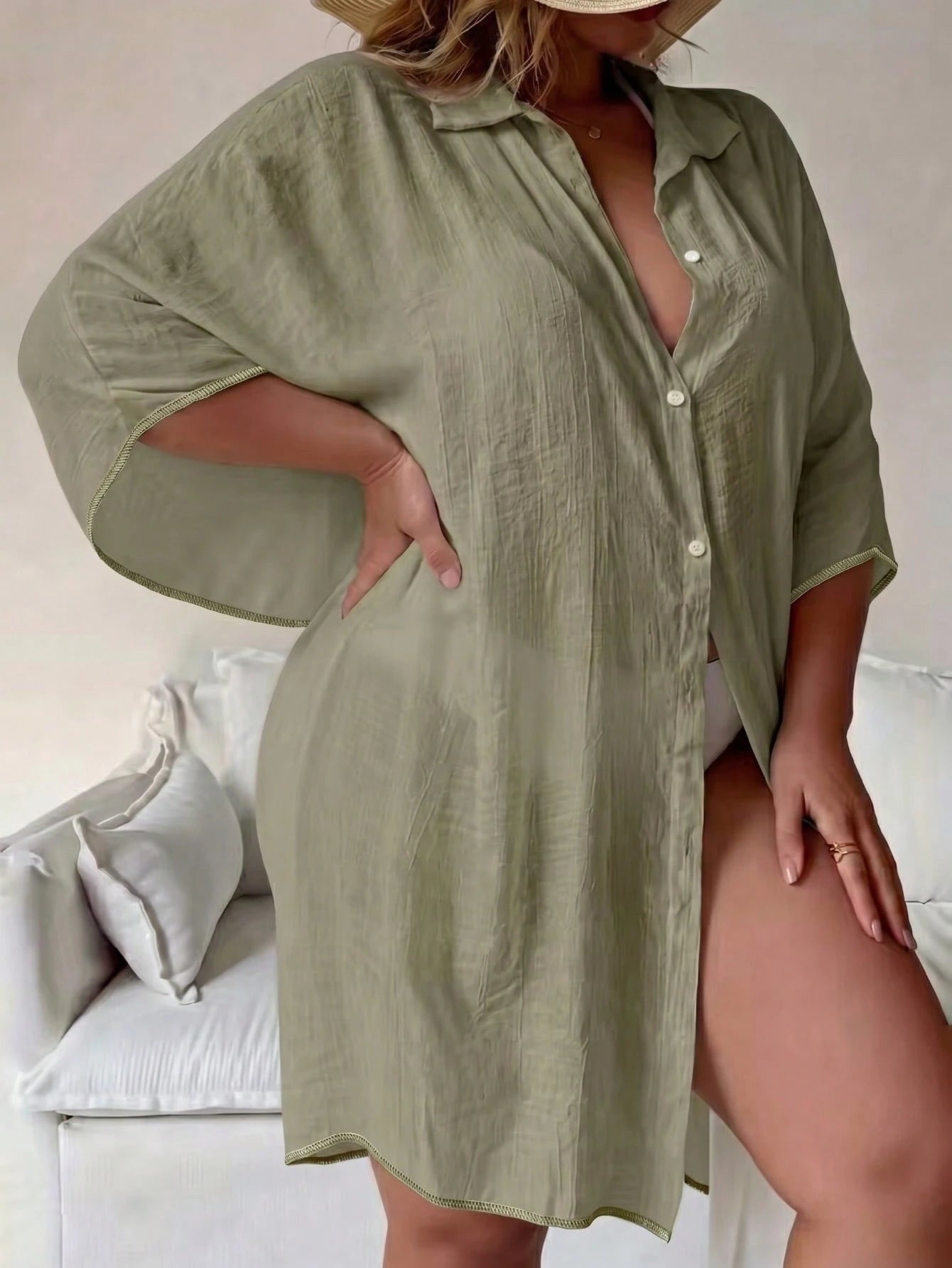 Plus Size Women's Summer White Batwing 3/4 Sleeve Cover Up, White , Single-Breasted Shirt, Solid Color , - image 13