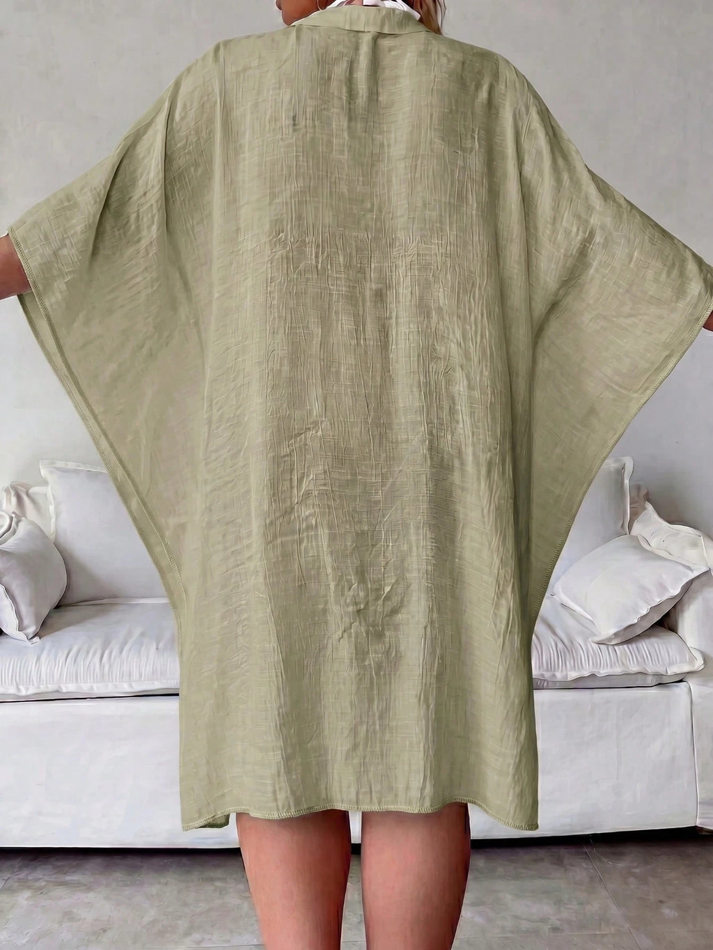 Plus Size Women's Summer White Batwing 3/4 Sleeve Cover Up, White , Single-Breasted Shirt, Solid Color , - image 12