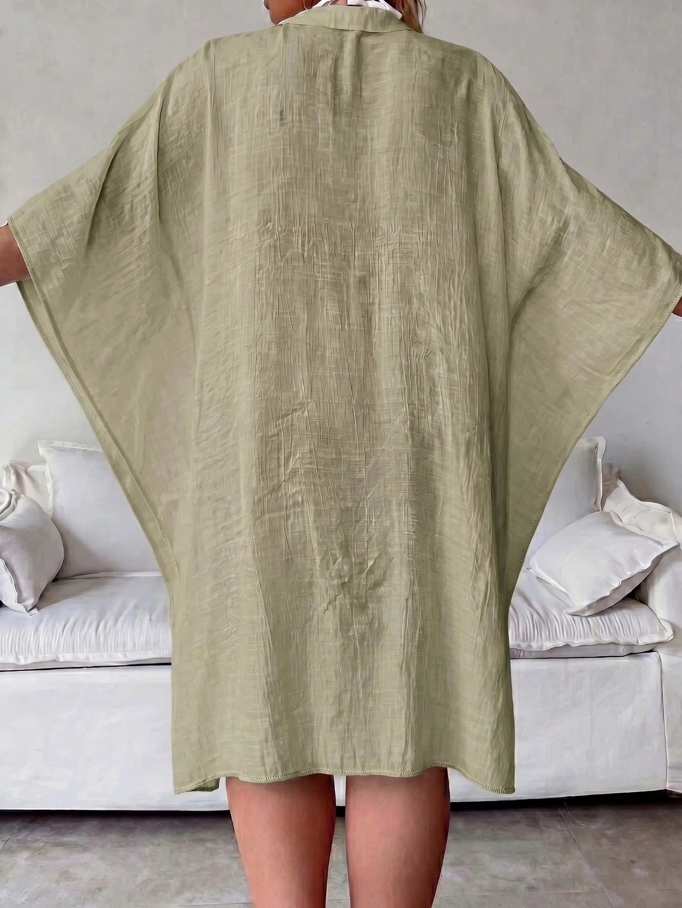 Plus Size Women's Summer White Batwing 3/4 Sleeve Cover Up, White , Single-Breasted Shirt, Solid Color , - image 12
