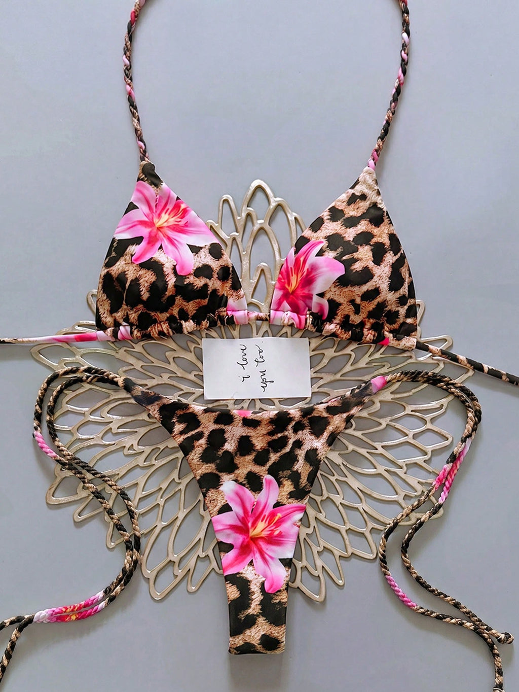 Swim Vcay 2pcs Women Apricot Bikini Swimwear Set, Handmade Rope Decor