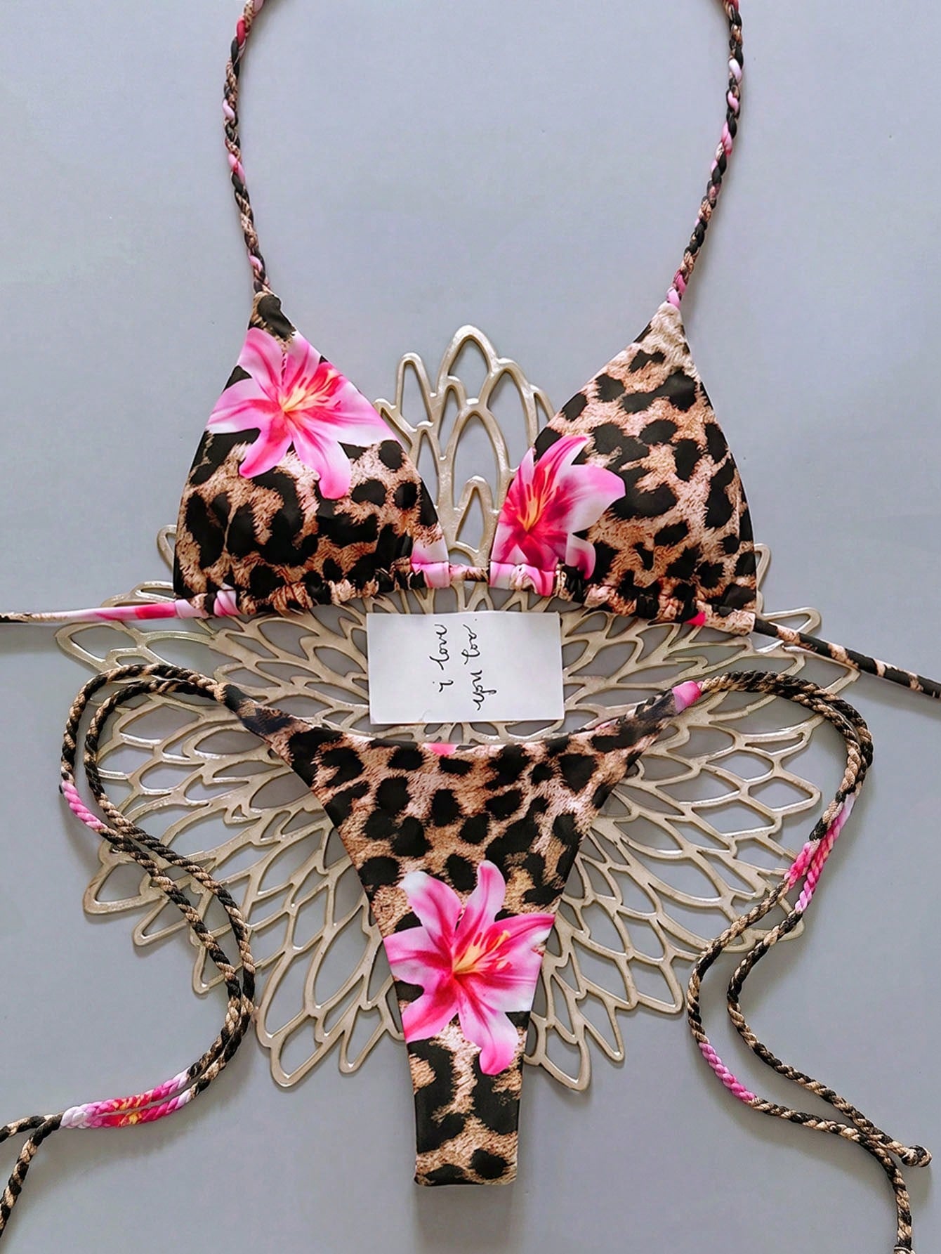 Swim Vcay 2pcs Women Apricot Bikini Swimwear Set, Handmade Rope Decor