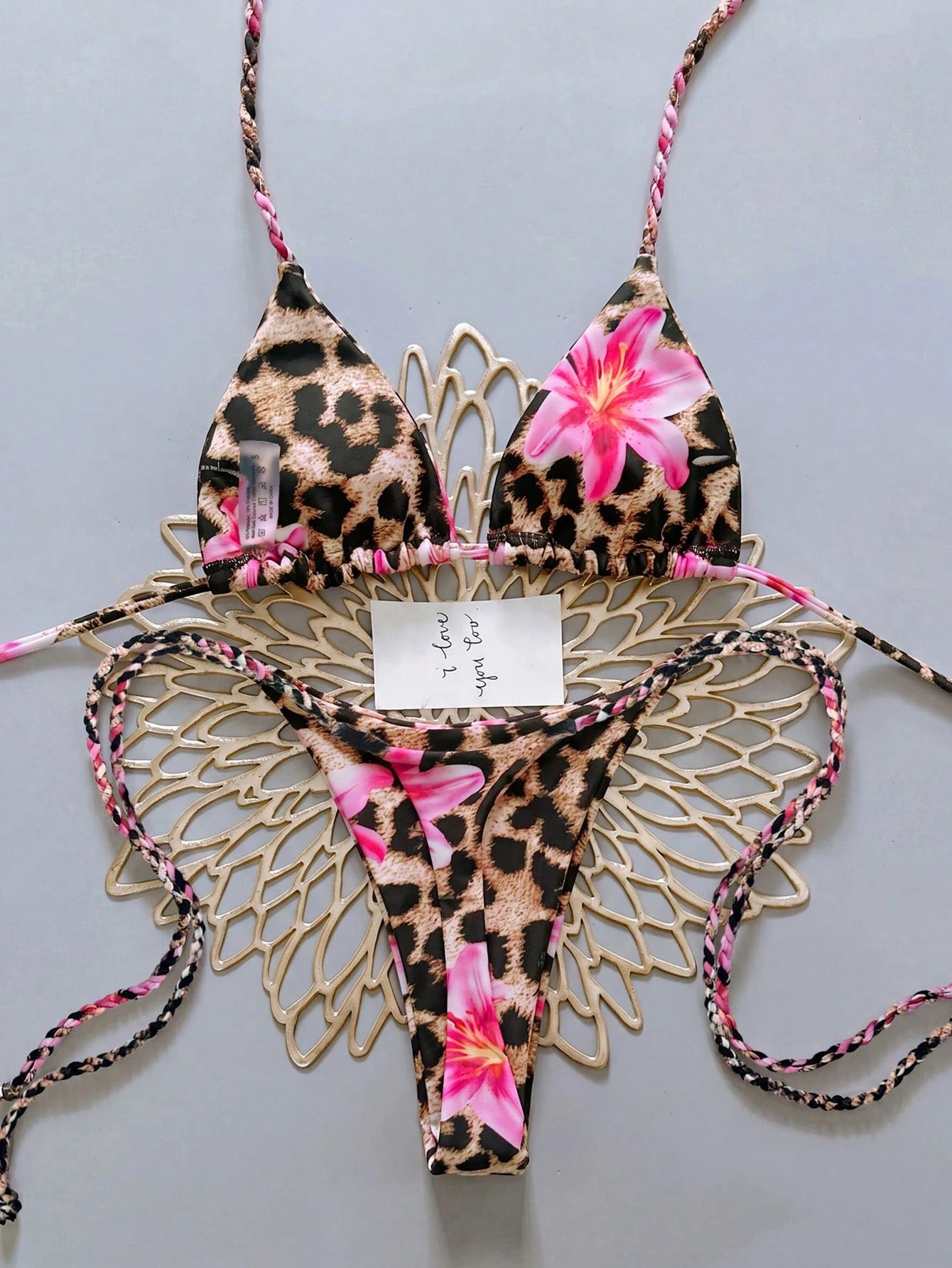 Swim Vcay 2pcs Women Apricot Bikini Swimwear Set, Handmade Rope Decor