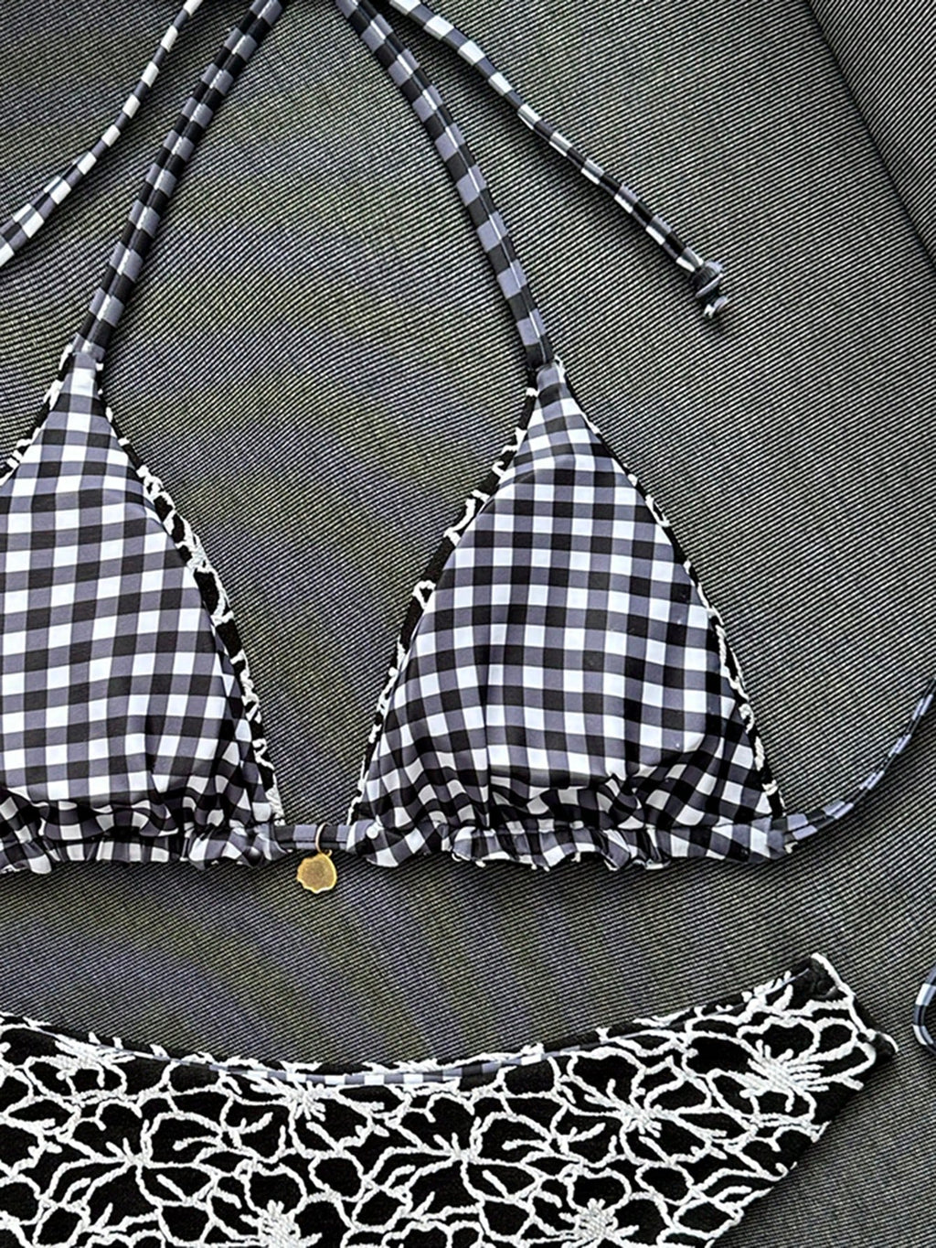 Swim Mod Women's Reversible Brown Plaid And Stripe Bikini Set For