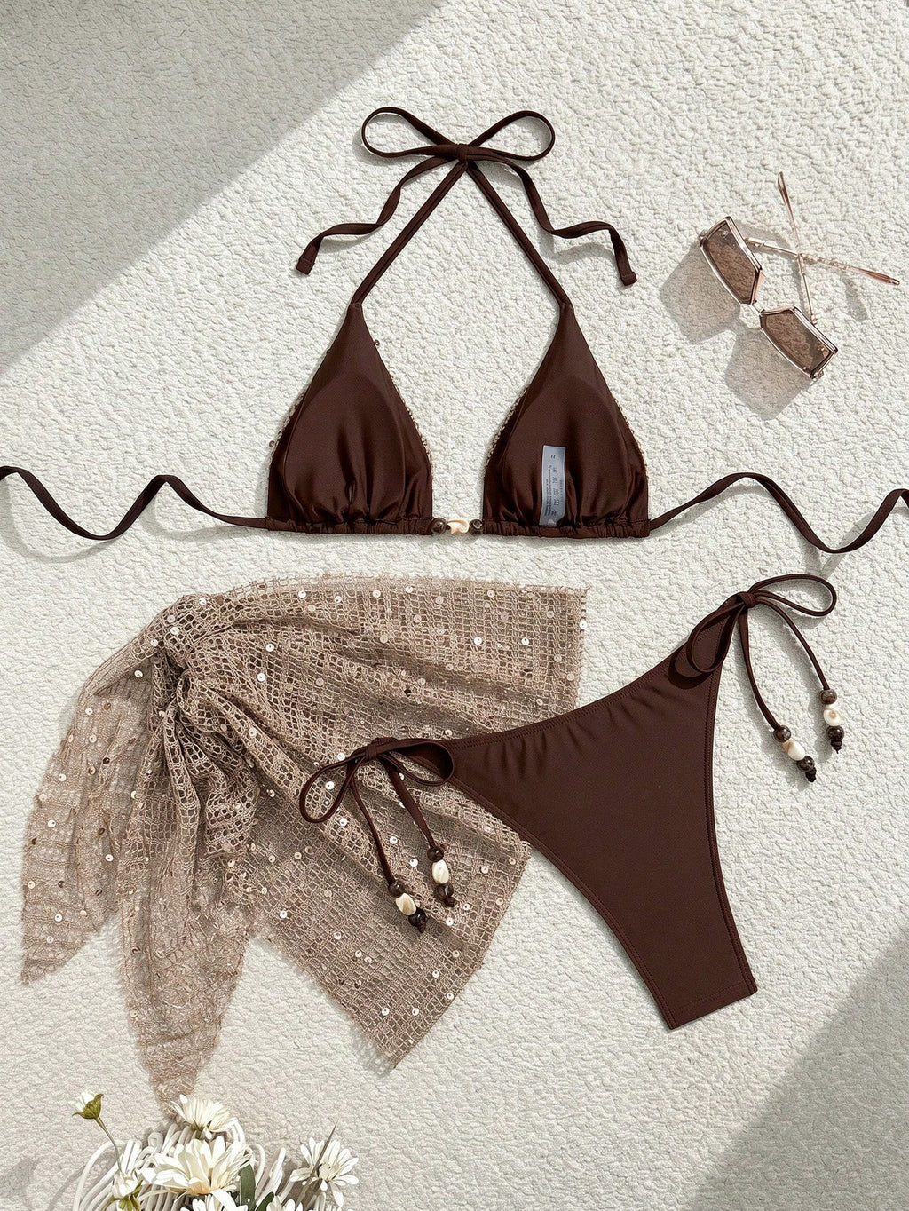 Swim Vcay 3pcs/Set Spaghetti Strap Halter Bikini,Beaded Sequin Fabric,Tie Side Swim Bottoms,Mini Skirt - image 13