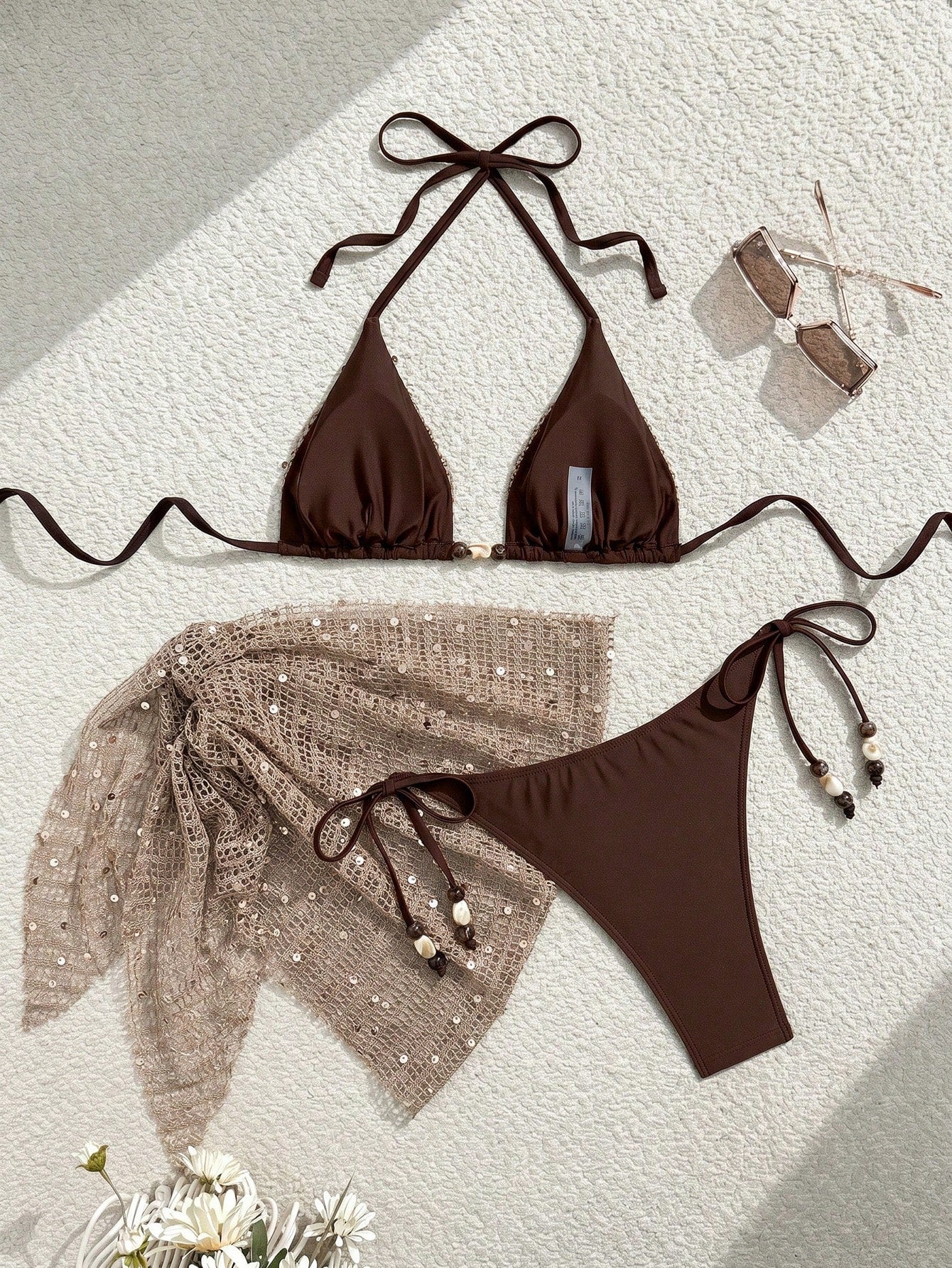 Swim Vcay 3pcs/Set Spaghetti Strap Halter Bikini,Beaded Sequin Fabric,Tie Side Swim Bottoms,Mini Skirt - image 13