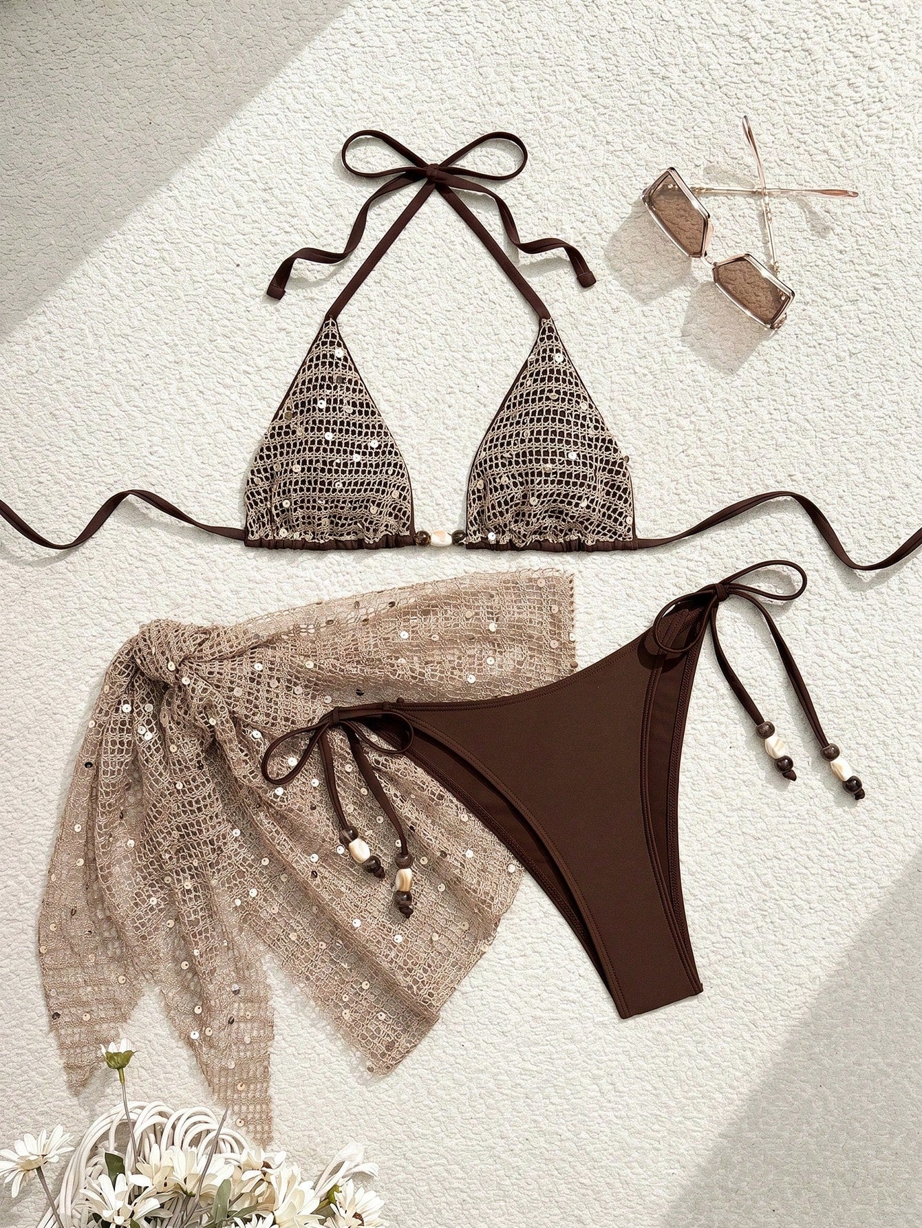 Swim Vcay 3pcs/Set Spaghetti Strap Halter Bikini,Beaded Sequin Fabric,Tie Side Swim Bottoms,Mini Skirt - image 11