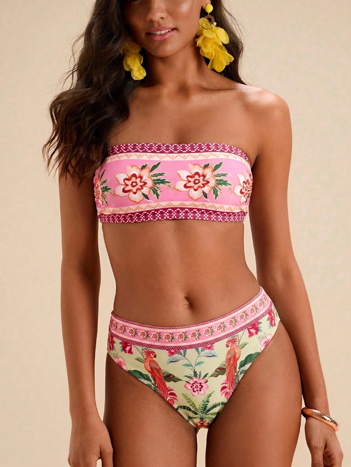 Travachic Women Floral Print Bandeau Bikini Set,Summer Outfits For