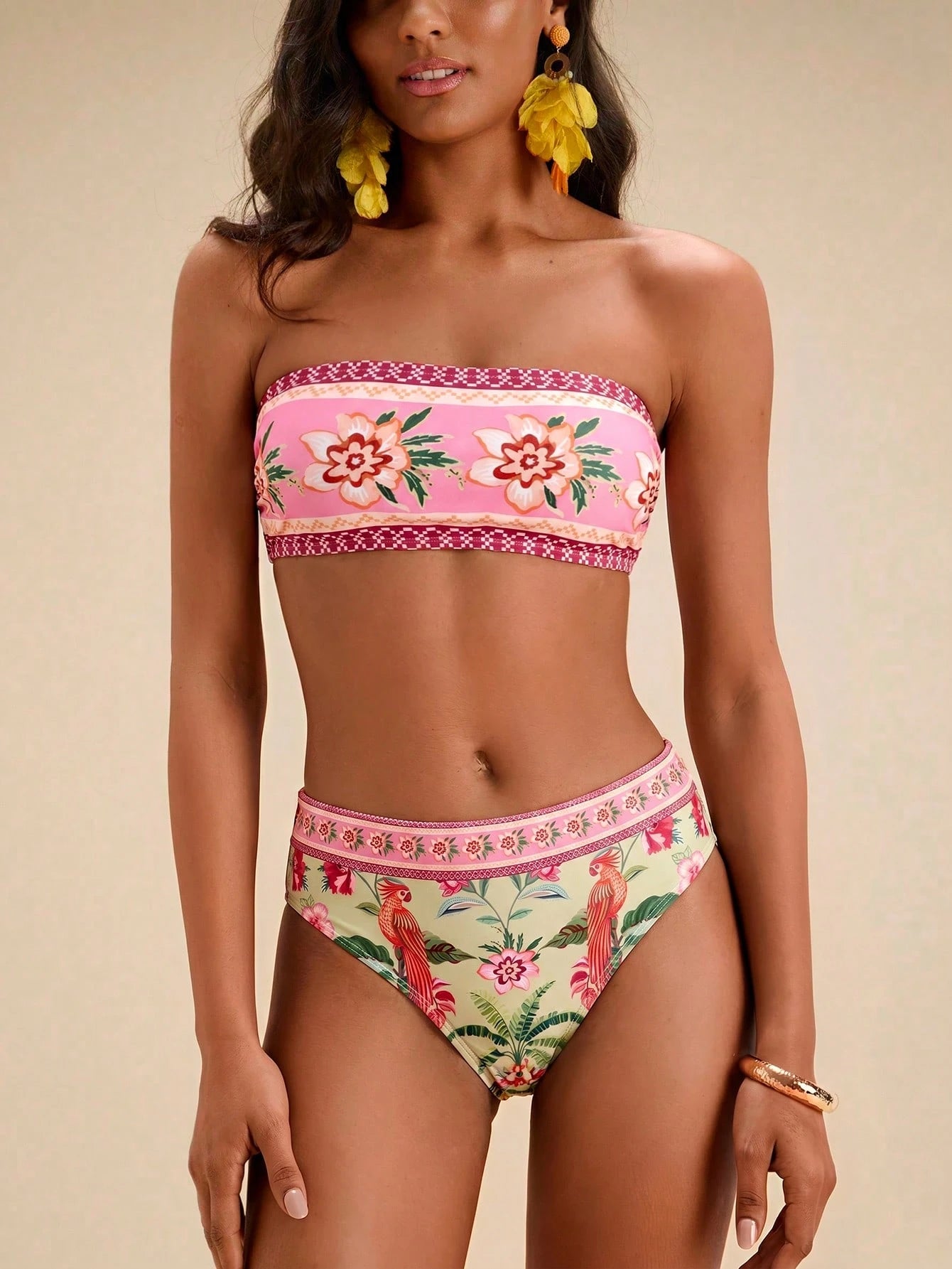 Travachic Women Floral Print Bandeau Bikini Set,Summer Outfits For