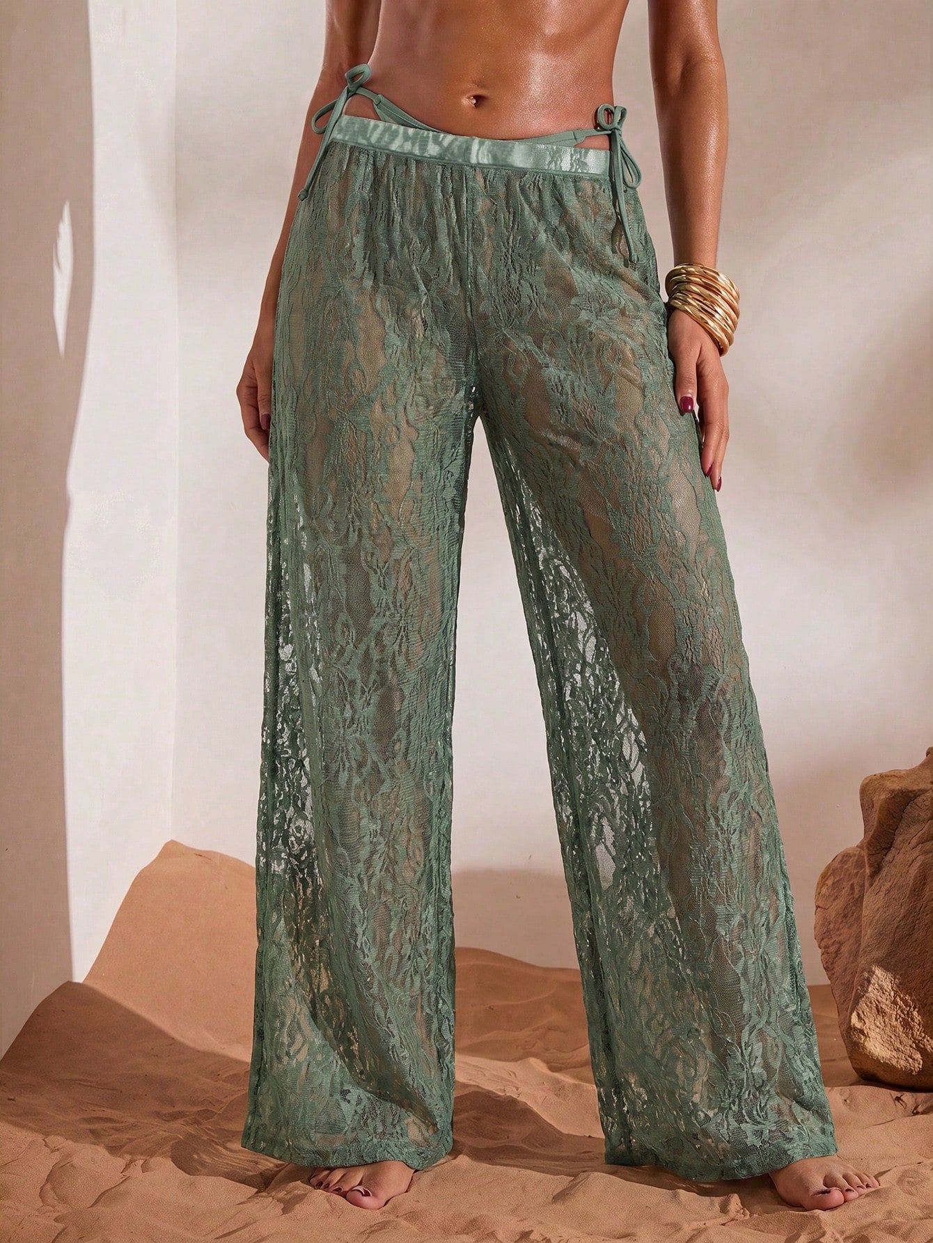 Opulessa Women's Beach Vacation Casual Lace Coverup & Pants Set Cover