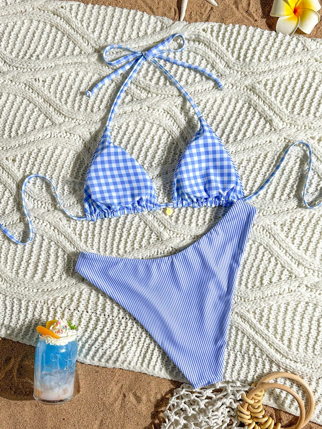 Swim Mod Women's Reversible Brown Plaid And Stripe Bikini Set For