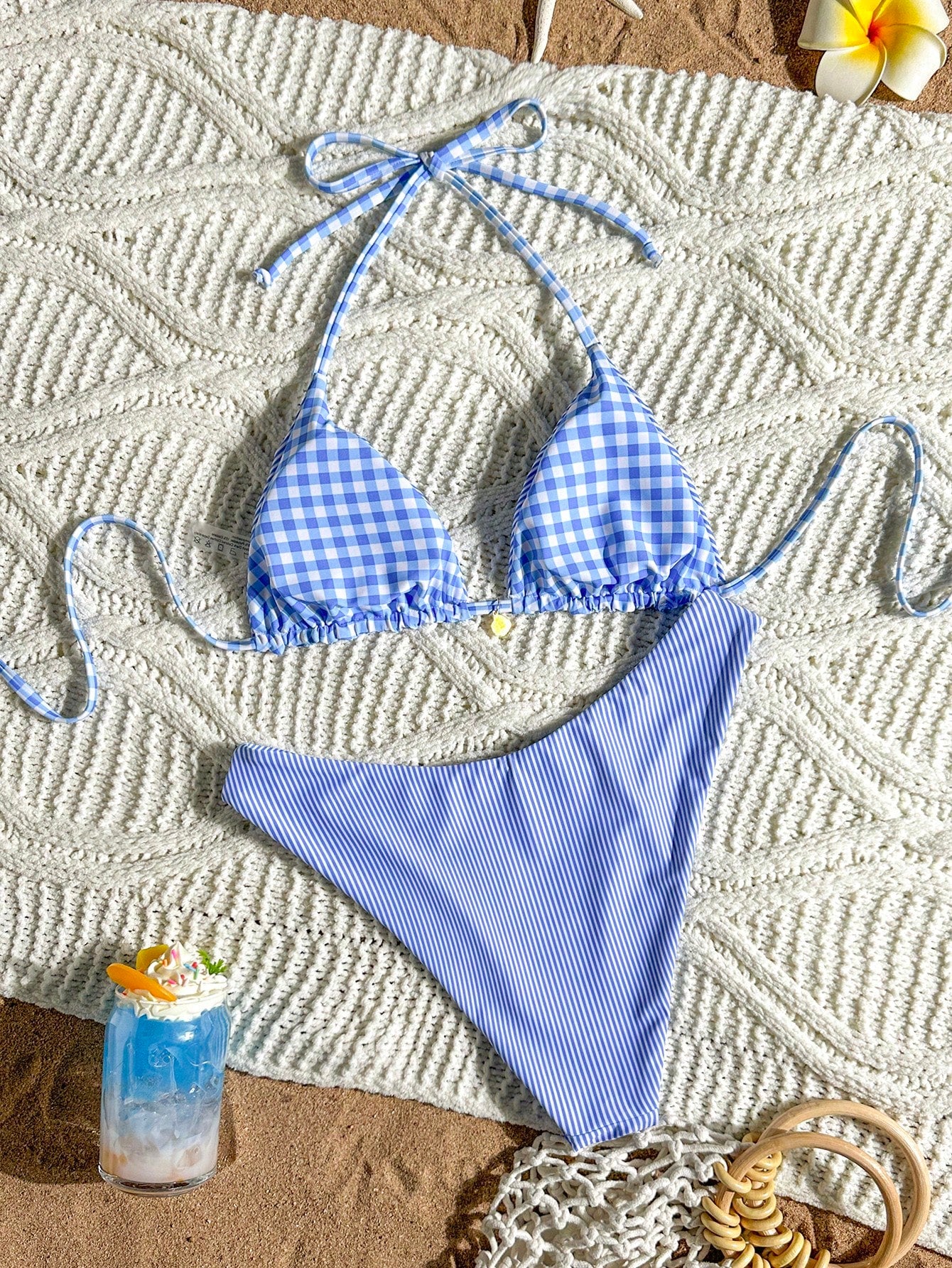 Swim Mod Women's Reversible Brown Plaid And Stripe Bikini Set For