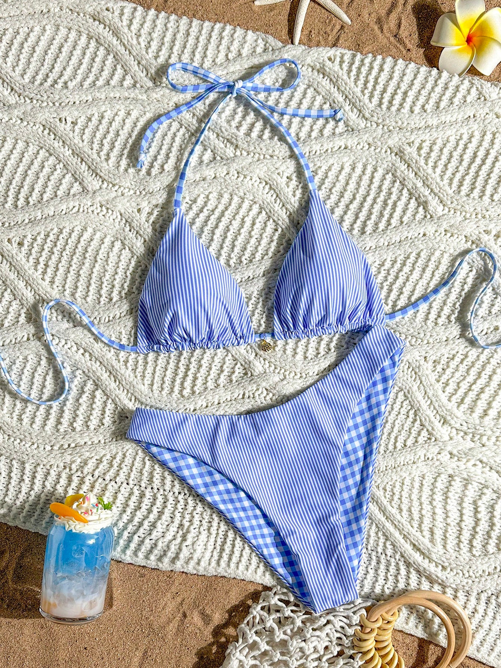 Swim Mod Women's Reversible Brown Plaid And Stripe Bikini Set For