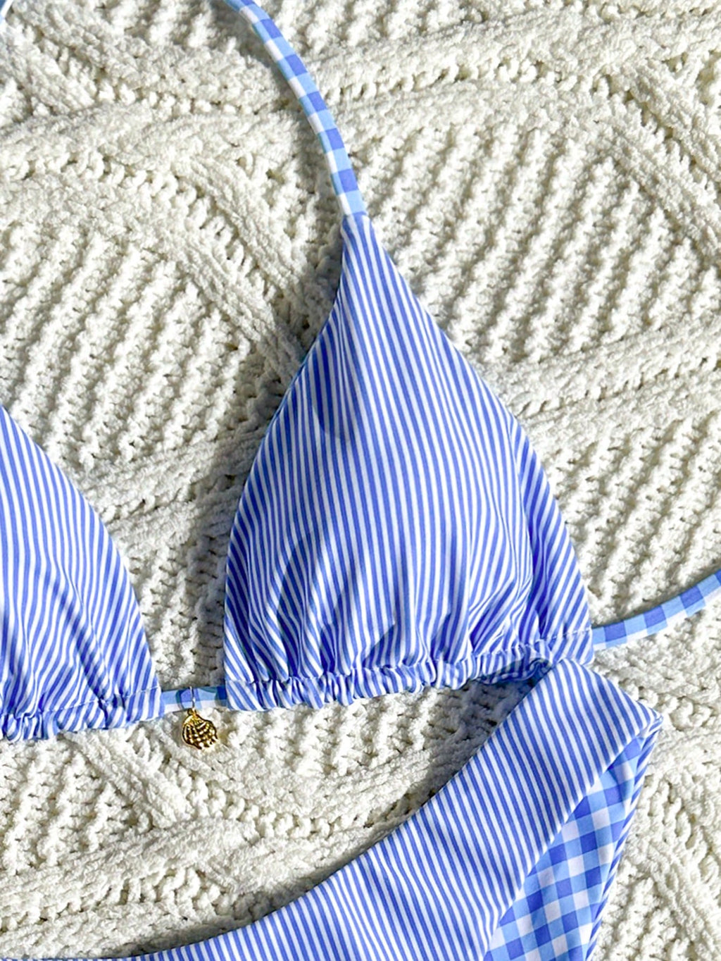 Swim Mod Women's Reversible Brown Plaid And Stripe Bikini Set For
