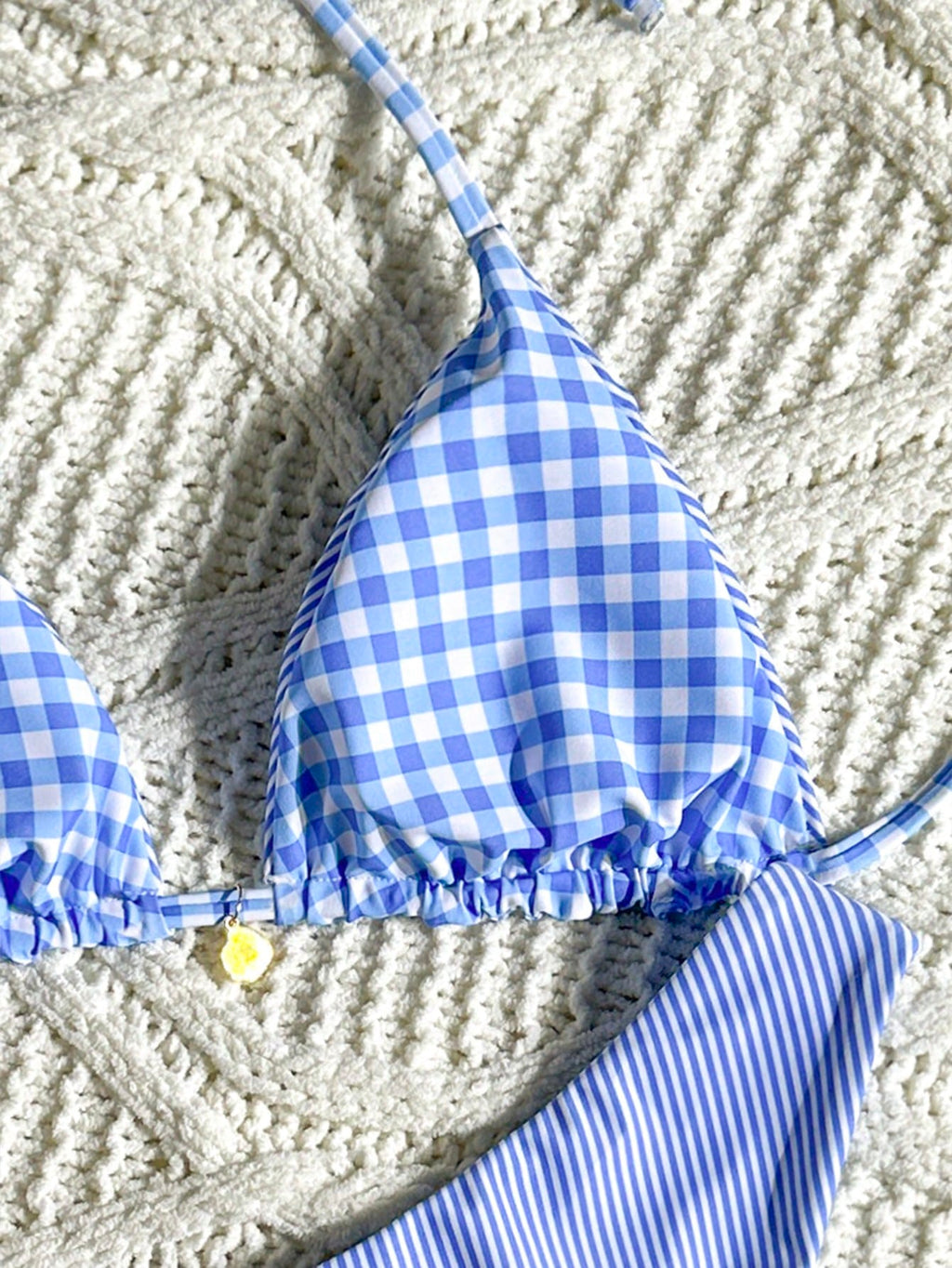 Swim Mod Women's Reversible Brown Plaid And Stripe Bikini Set For