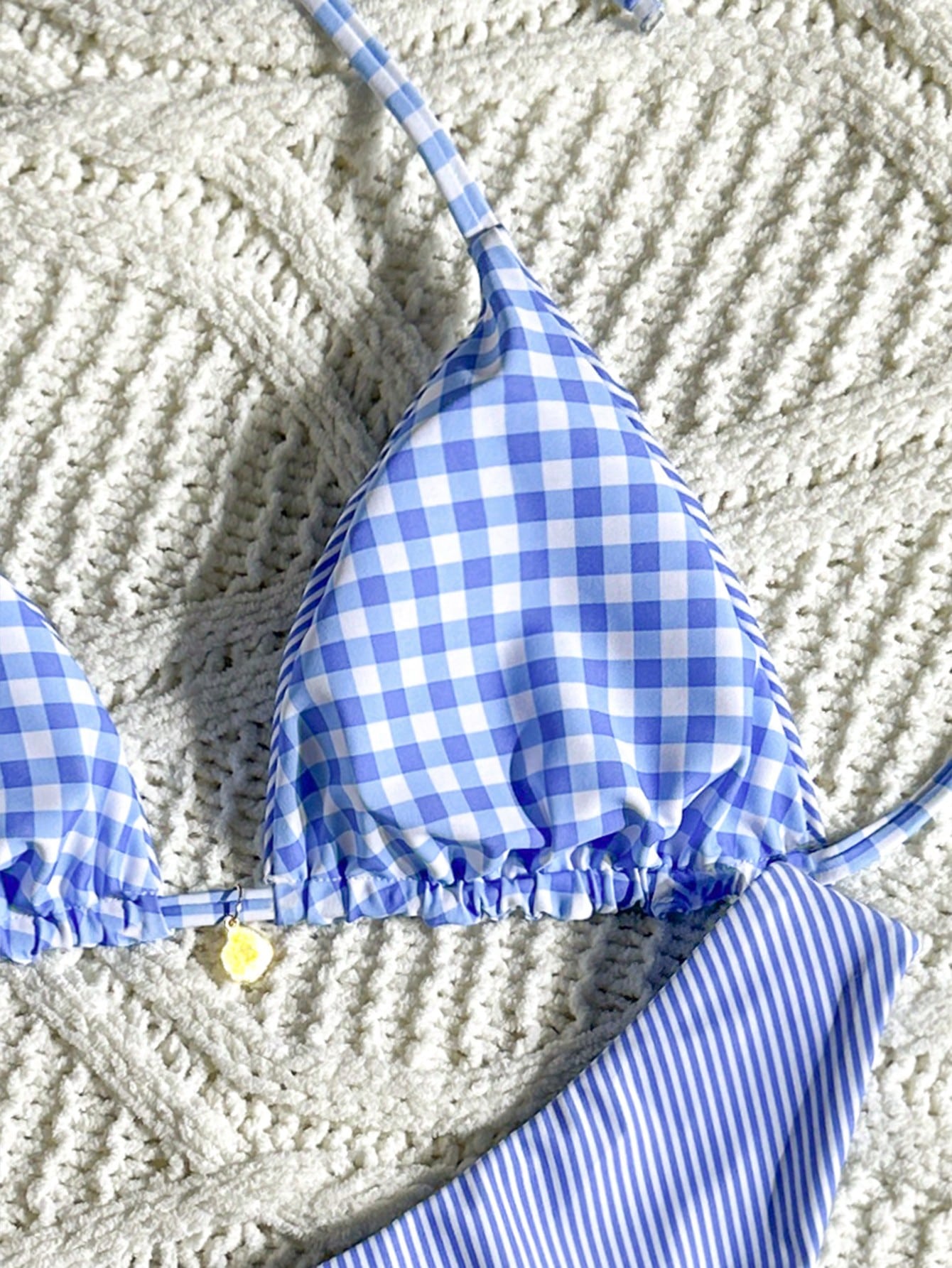 Swim Mod Women's Reversible Brown Plaid And Stripe Bikini Set For