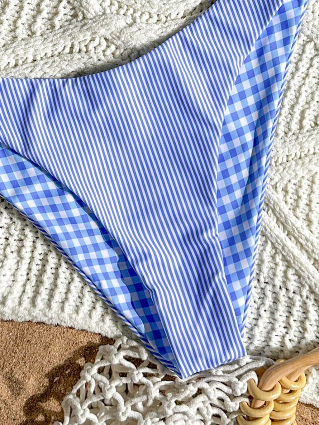Swim Mod Women's Reversible Brown Plaid And Stripe Bikini Set For