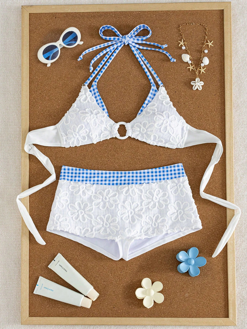 Swim Vcay Soft Cream Yellow 3D Flower Halter Bikini Top, Blue Plaid