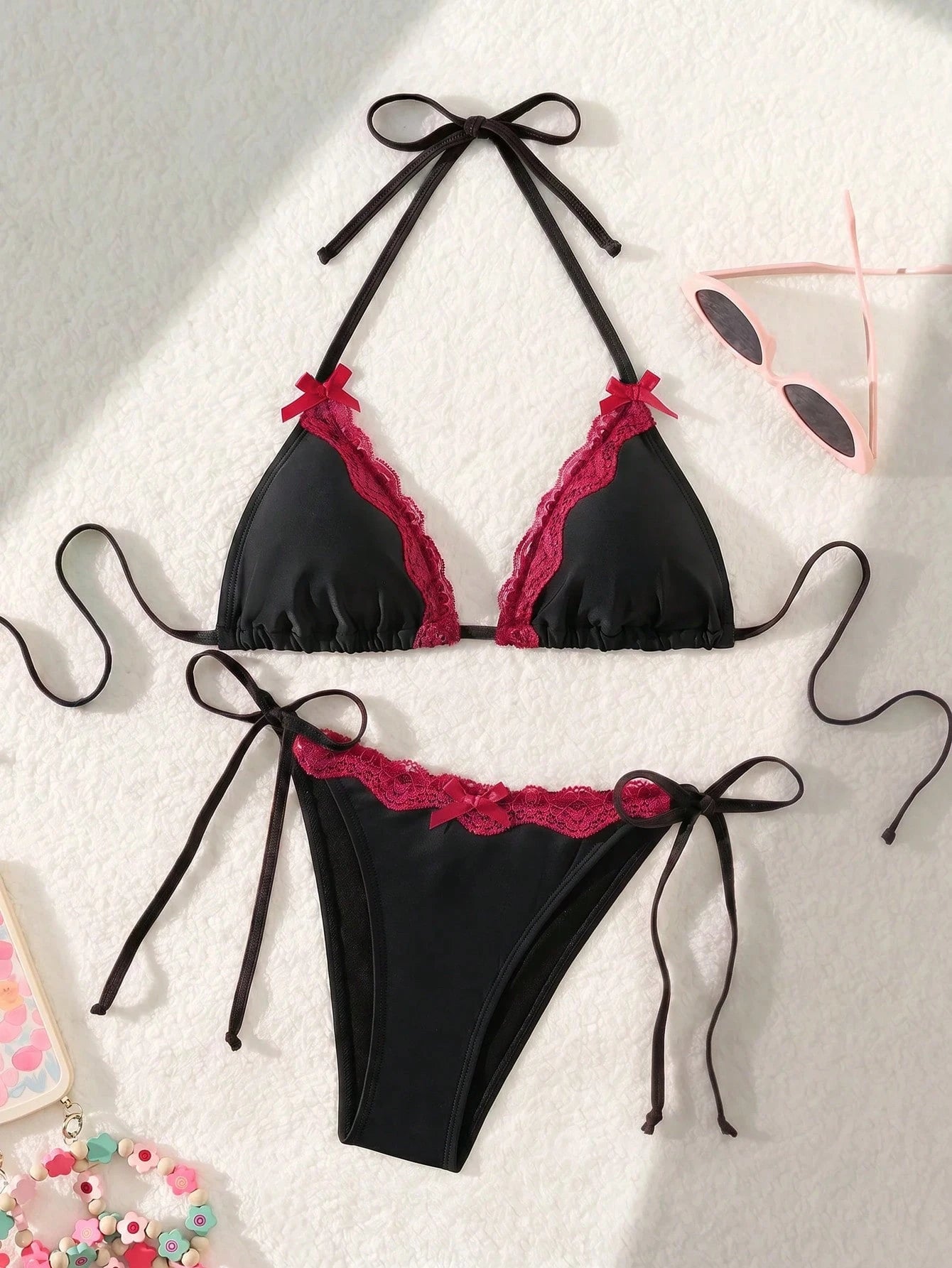 Swim Mod Sexy & Cute Lace Bow Accent Triangle Bikini For Bikini Party Summer