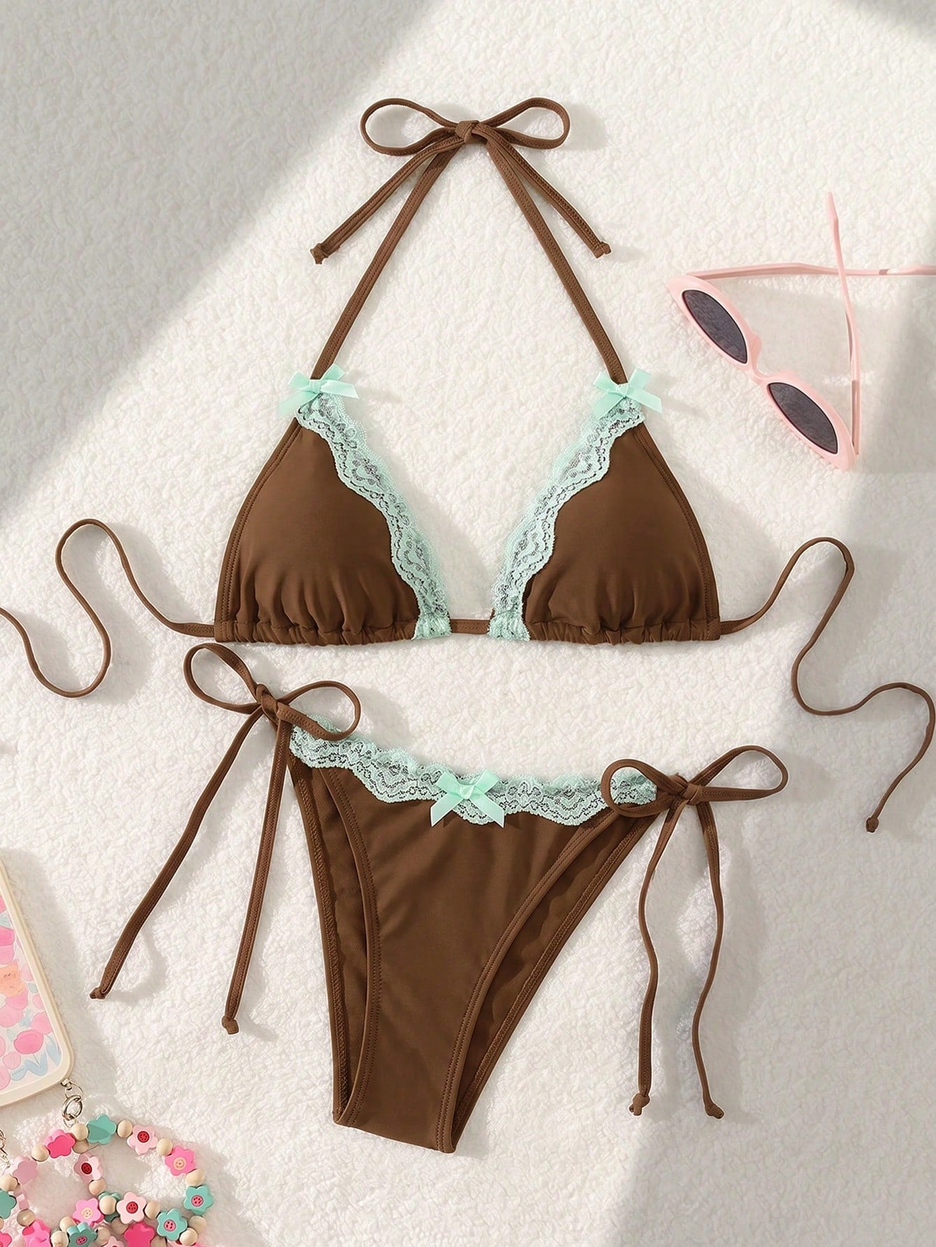 Swim Mod Sexy & Cute Lace Bow Accent Triangle Bikini For Bikini Party