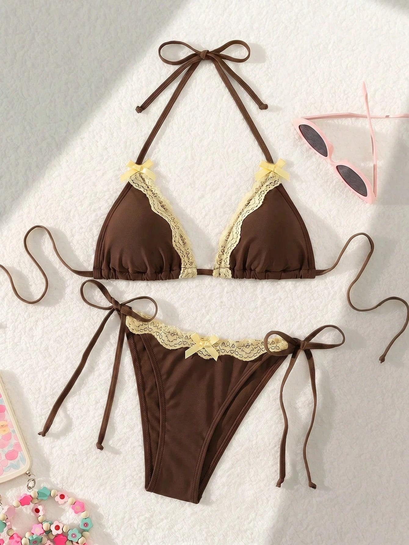Swim Mod Sexy & Cute Lace Bow Accent Triangle Bikini For Bikini Party