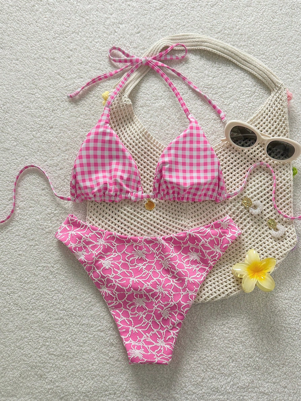 Swim Mod Women's Reversible Brown Plaid And Stripe Bikini Set For