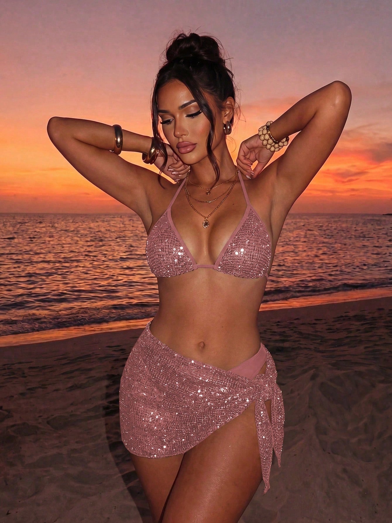Swim SXY Women's 3-Piece Sequin Bikini Set With Cover Up,Glitter Net
