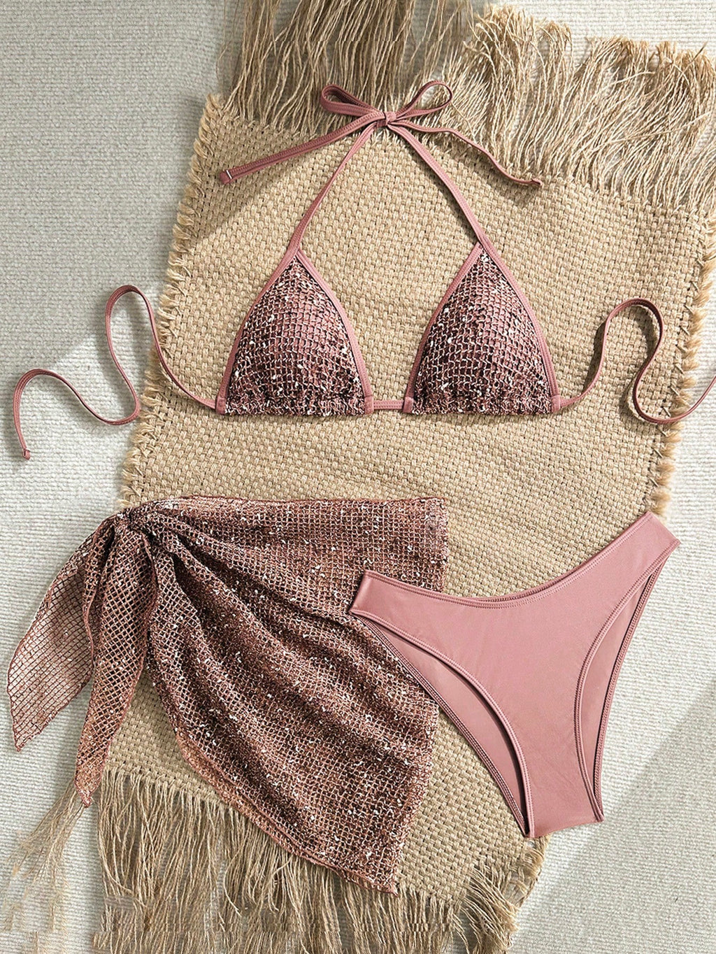 Swim SXY Women's 3-Piece Sequin Bikini Set With Cover Up,Glitter Net