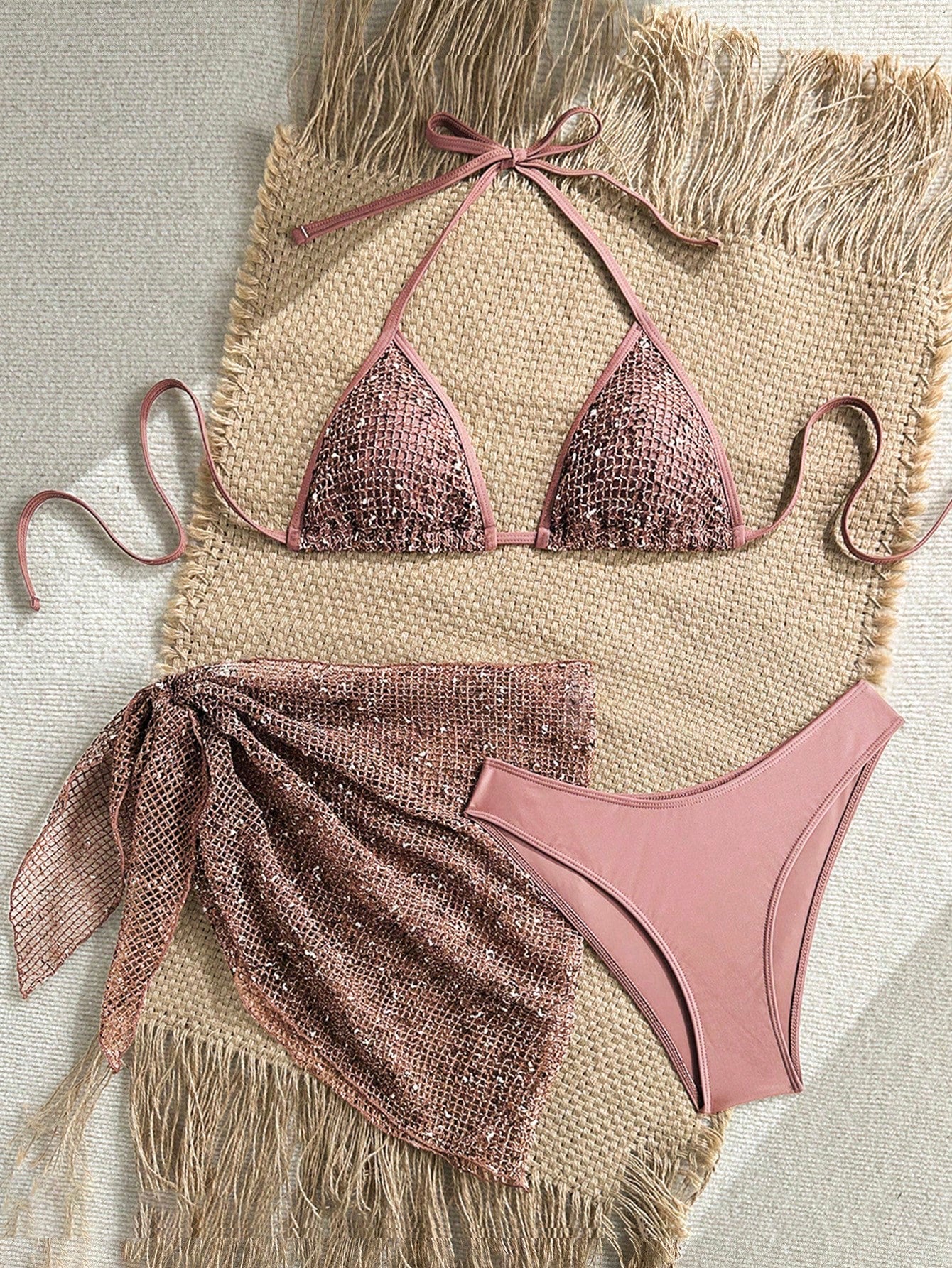 Swim SXY Women's 3-Piece Sequin Bikini Set With Cover Up,Glitter Net