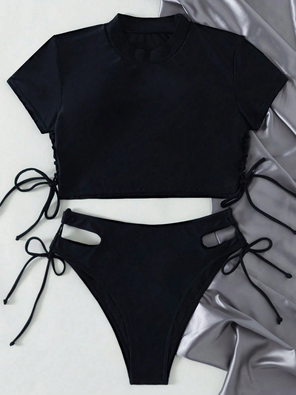 Swim Summer Beach Solid Bikini Set Short Sleeve Tee & Cut Out Tie Side Bottom 2