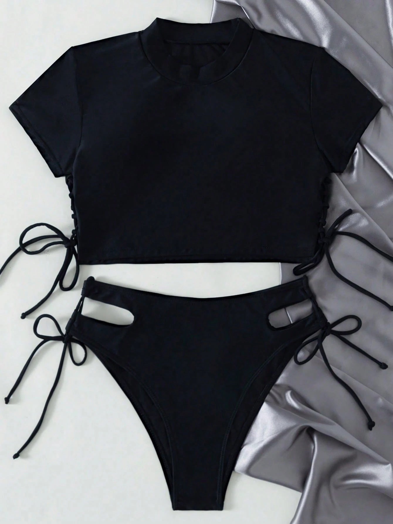 Swim Summer Beach Solid Bikini Set Short Sleeve Tee & Cut Out Tie Side Bottom 2