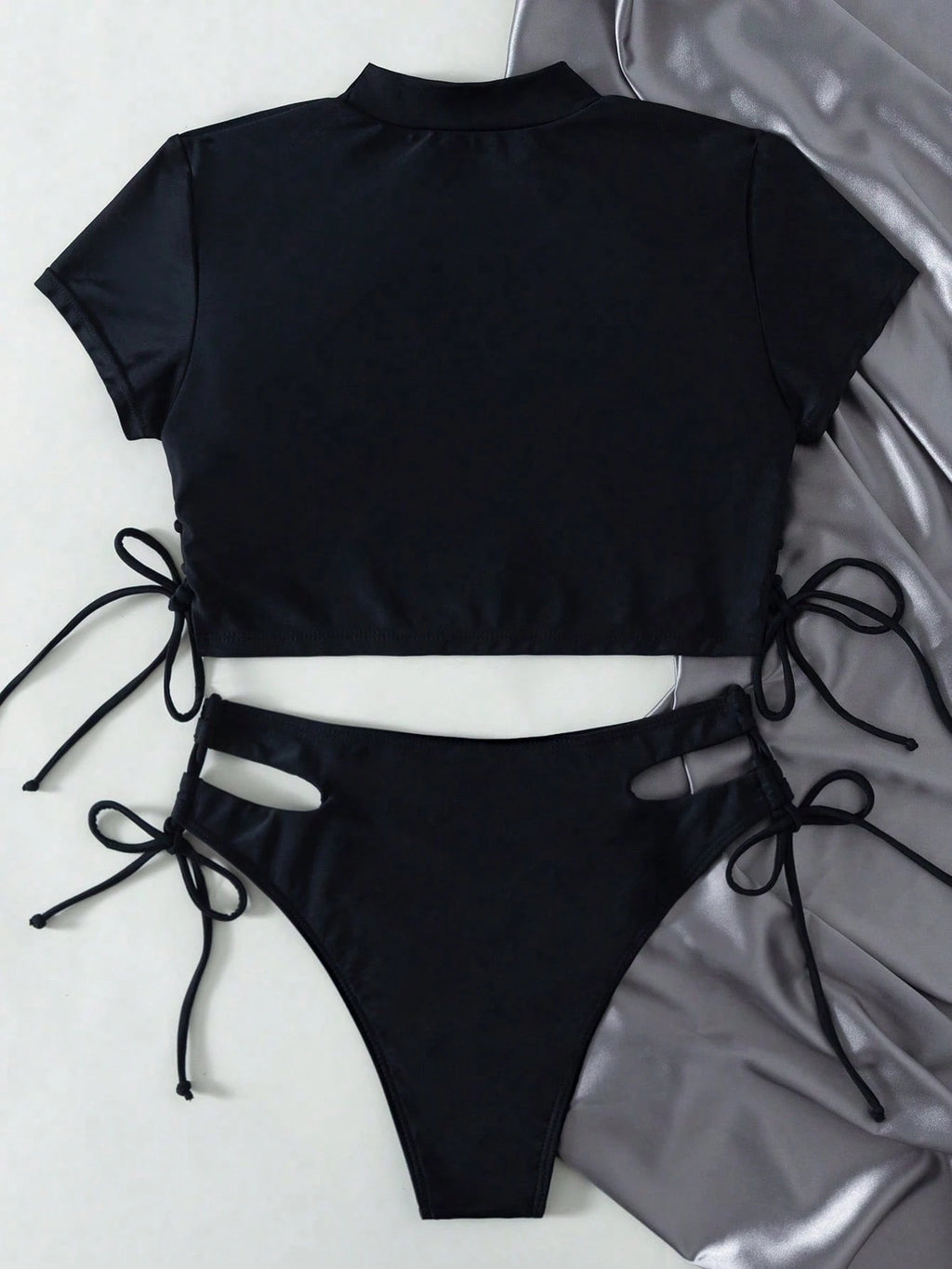 Swim Summer Beach Solid Bikini Set Short Sleeve Tee & Cut Out Tie Side Bottom 2