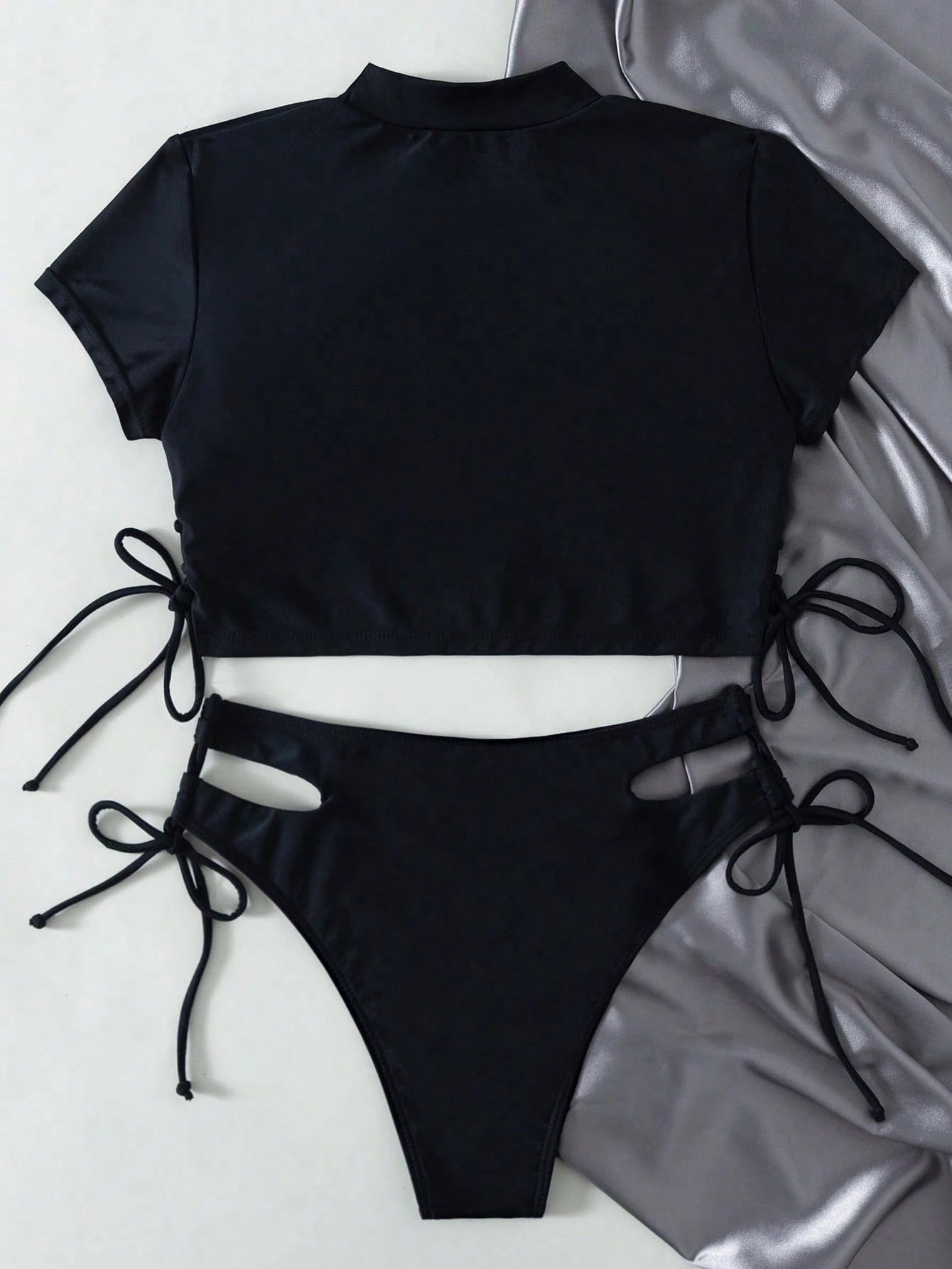 Swim Summer Beach Solid Bikini Set Short Sleeve Tee & Cut Out Tie Side Bottom 2