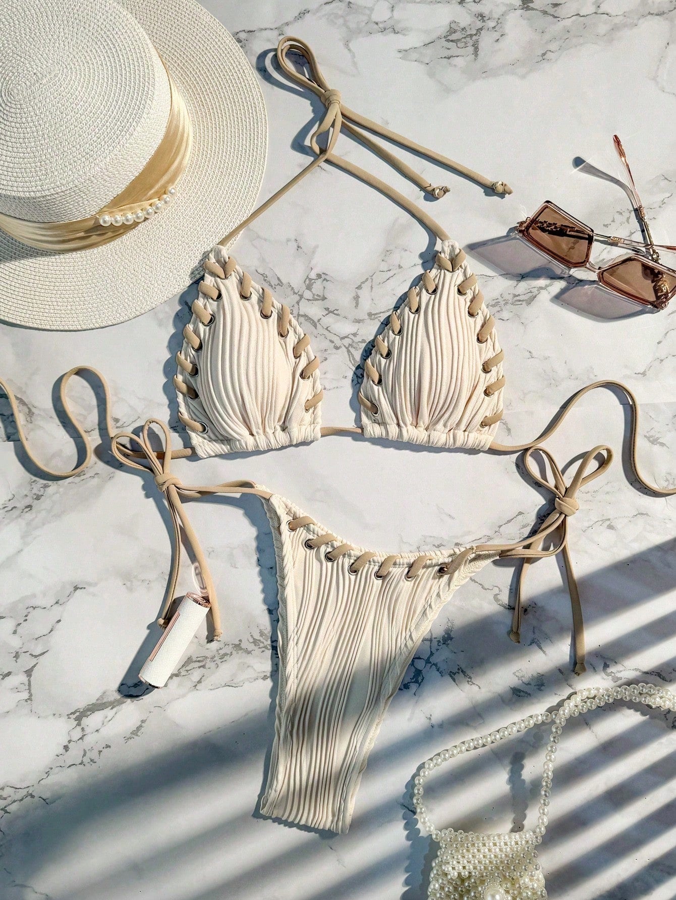 Swim Mod Women's Sexy Beach Vacation Grommet Lace Up Textured Knit Bikini Set