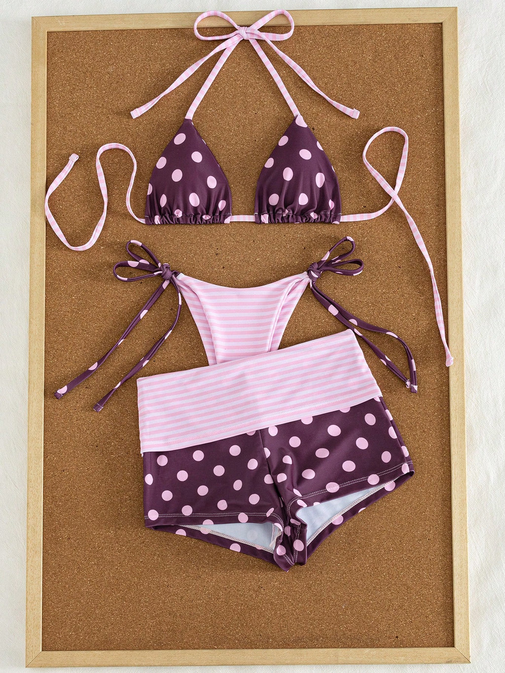 3pcs Women's Swimwear Set For Spring & Summer, Polka Dot & Striped