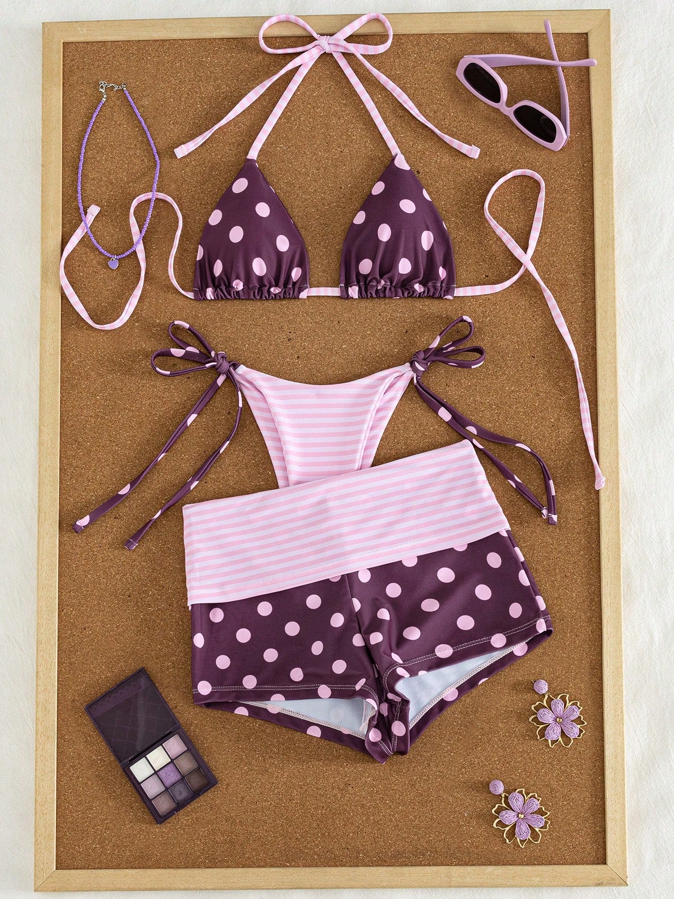 3pcs Women's Swimwear Set For Spring & Summer, Polka Dot & Striped