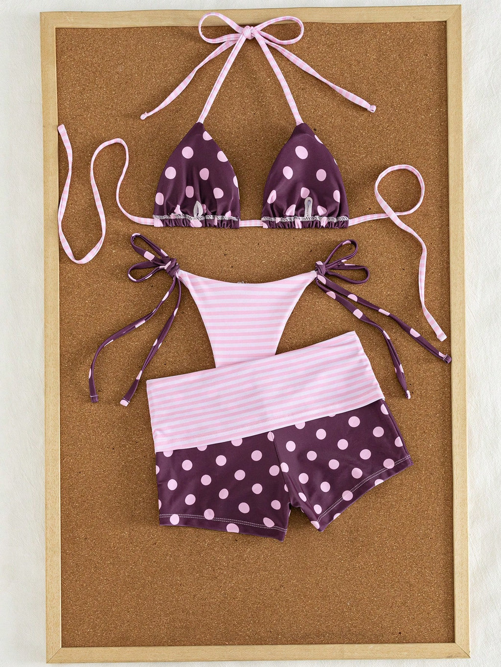 3pcs Women's Swimwear Set For Spring & Summer, Polka Dot & Striped