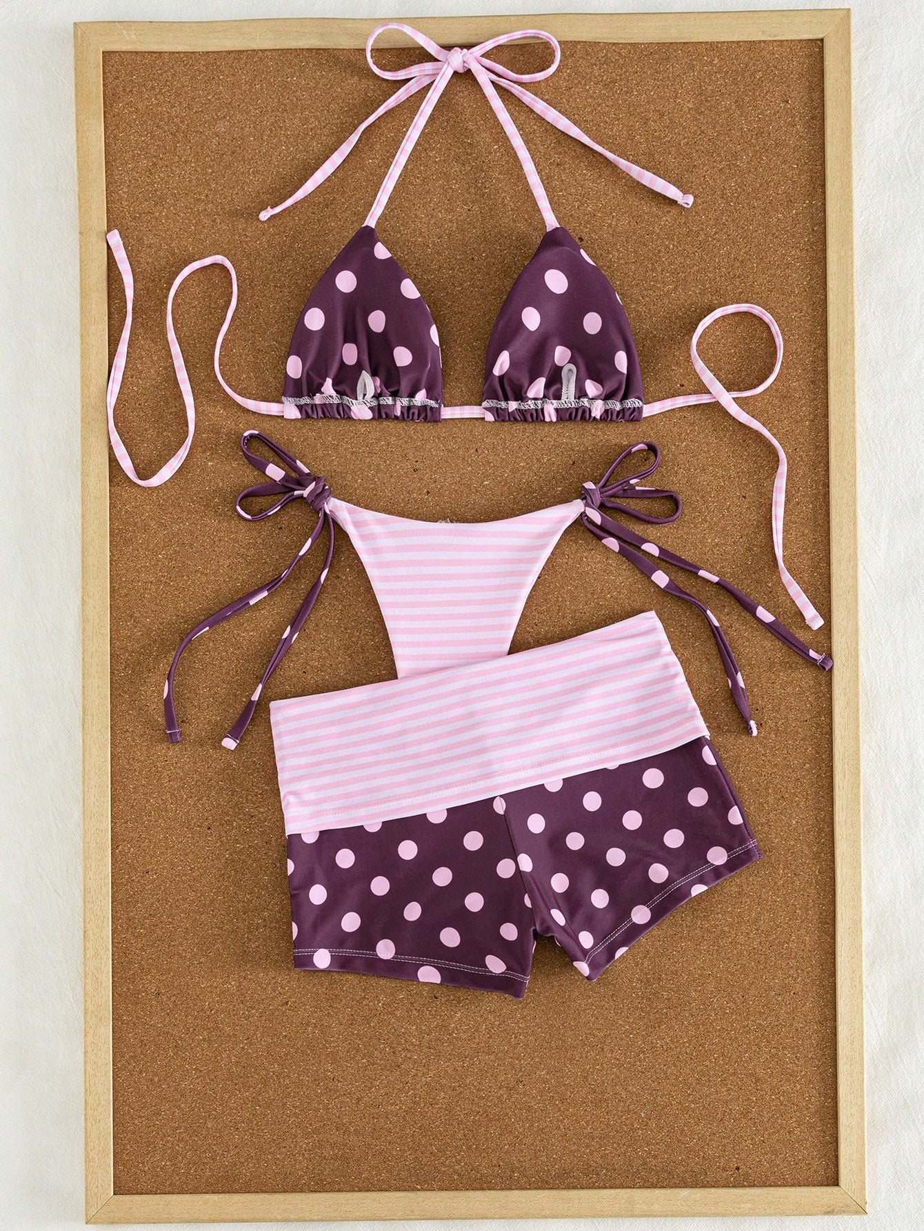 3pcs Women's Swimwear Set For Spring & Summer, Polka Dot & Striped