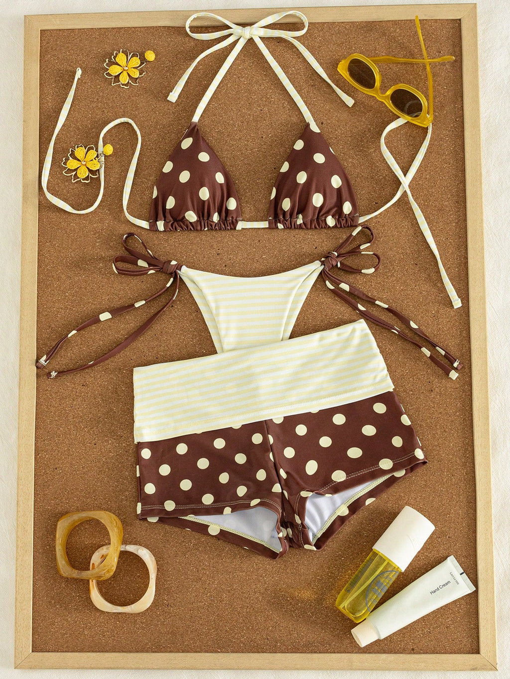 3pcs Women's Swimwear Set For Spring & Summer, Polka Dot & Striped