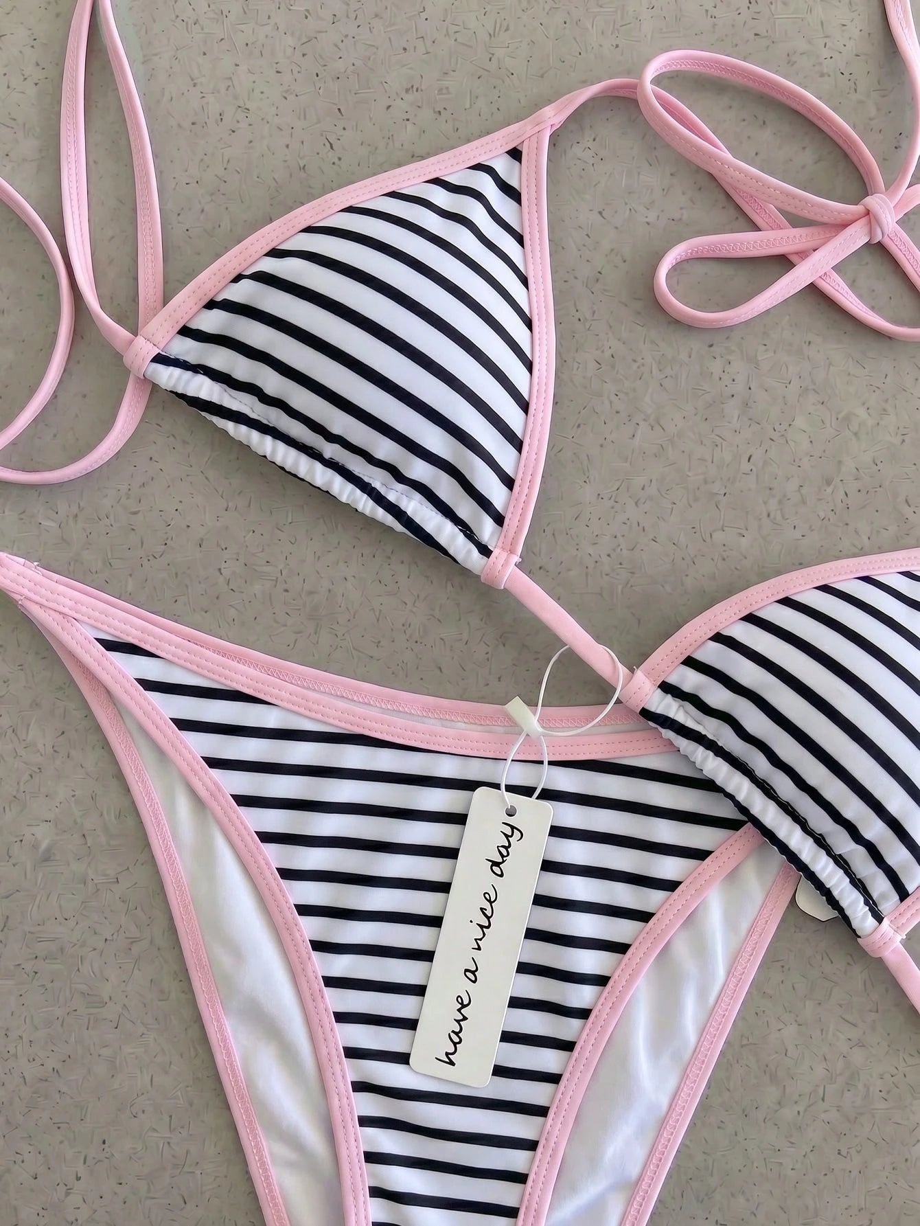Retro Navy Blue & Black Striped Spaghetti Strap Tie Bikini Set, Sexy