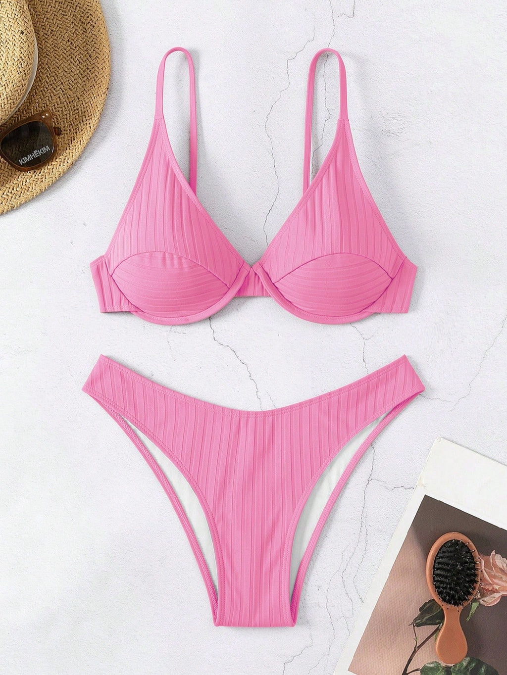Swim Women Summer Beach Solid Simple Ribbed Bikini Set For Daily Use - image 18