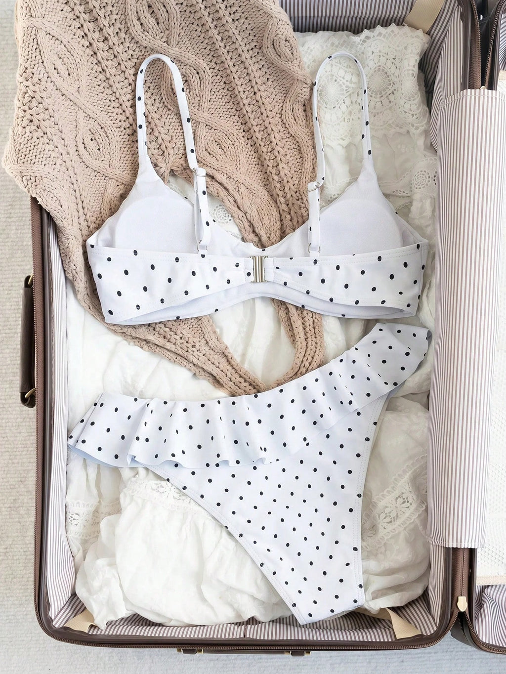 Swim Mod Women's White With Black Polka Dots Print Ruffle Swimsuit