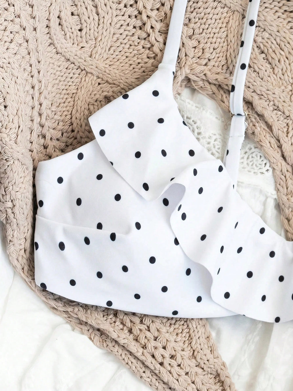 Swim Mod Women's White With Black Polka Dots Print Ruffle Swimsuit