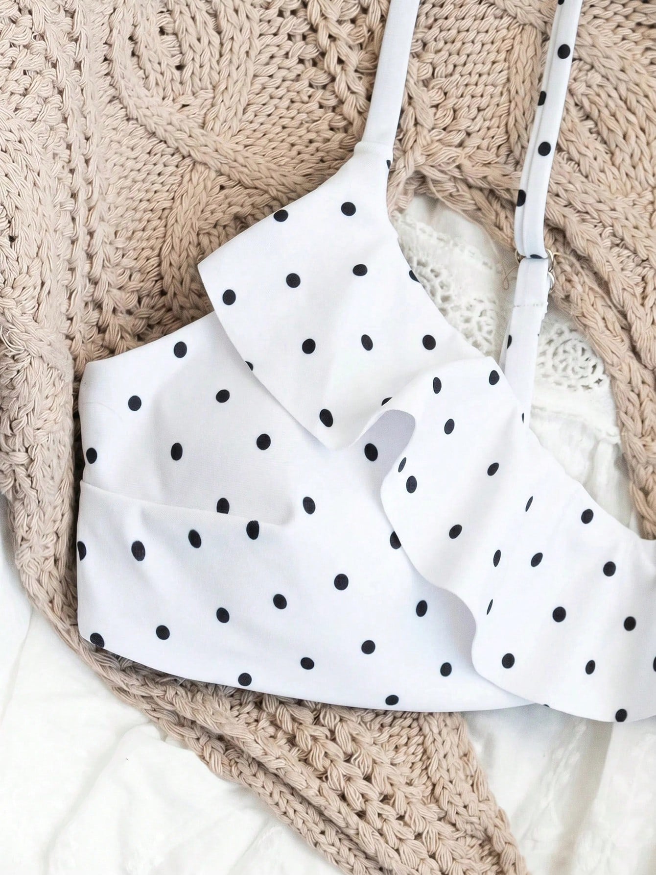 Swim Mod Women's White With Black Polka Dots Print Ruffle Swimsuit