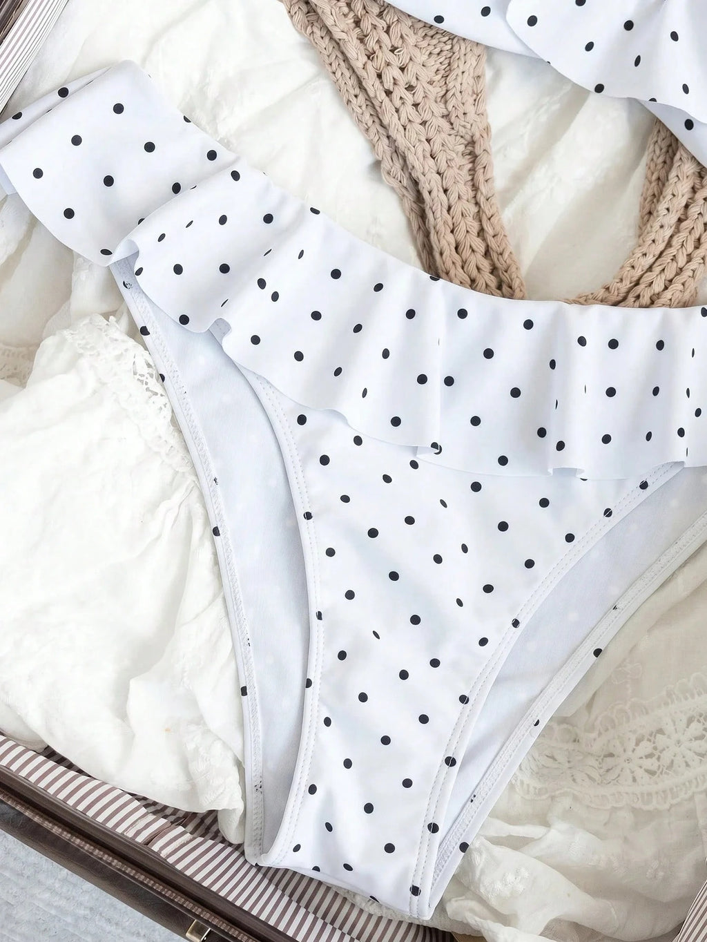 Swim Mod Women's White With Black Polka Dots Print Ruffle Swimsuit