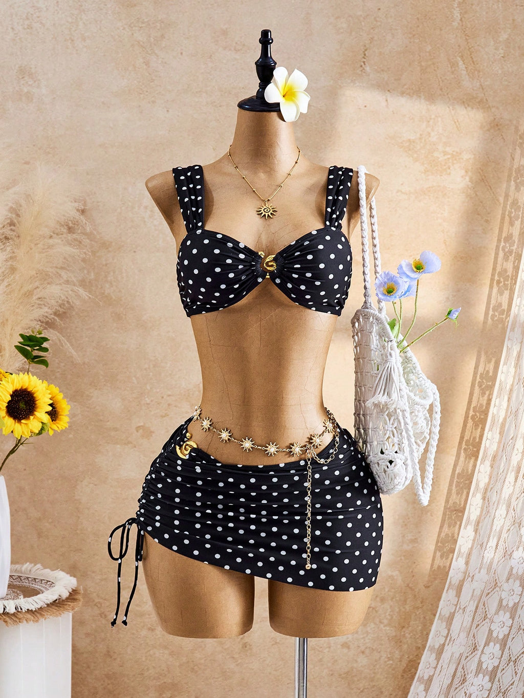 Bellisia Women's Black And White Polka Dot Random Print 3-Piece