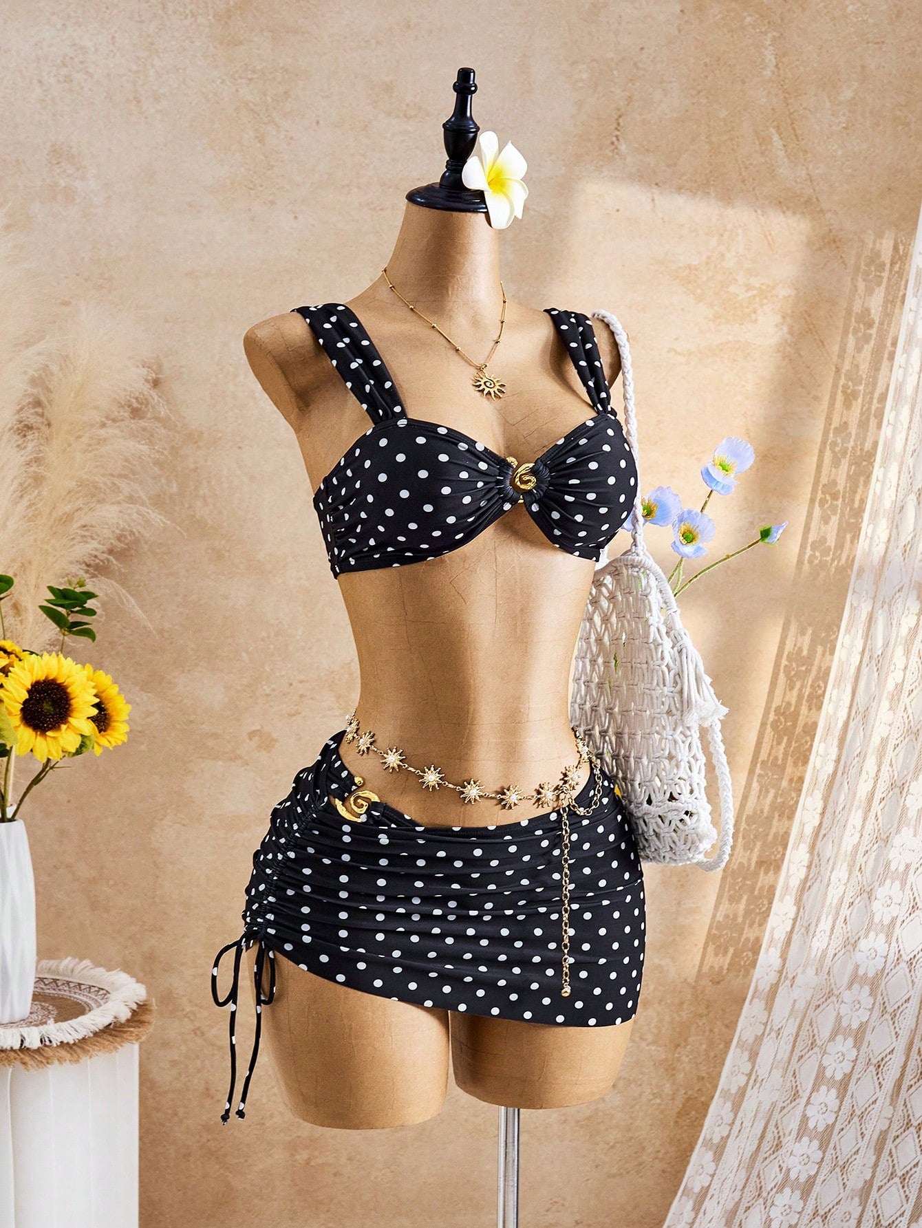 Bellisia Women's Black And White Polka Dot Random Print 3-Piece